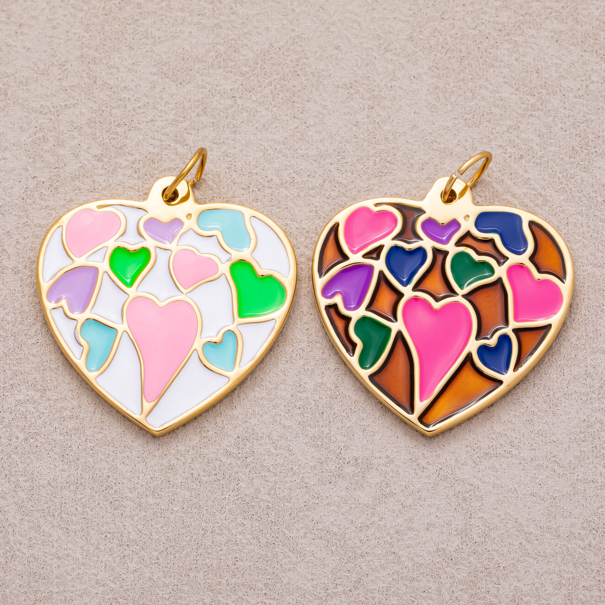 Gold PVD Stainless Steel Multi Color Mosaic Heart Enamel Pendant