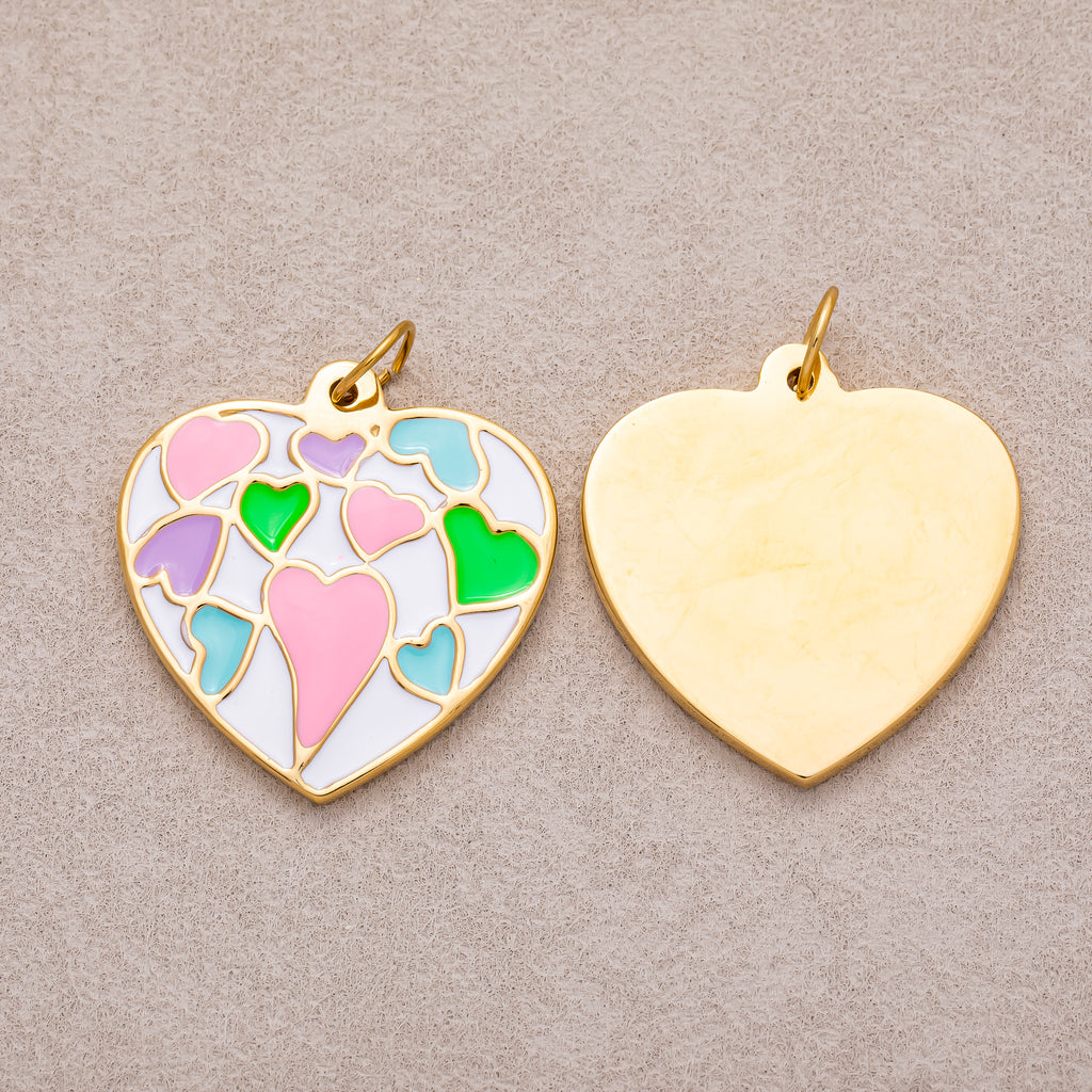 Gold PVD Stainless Steel Multi Color Mosaic Heart Enamel Pendant