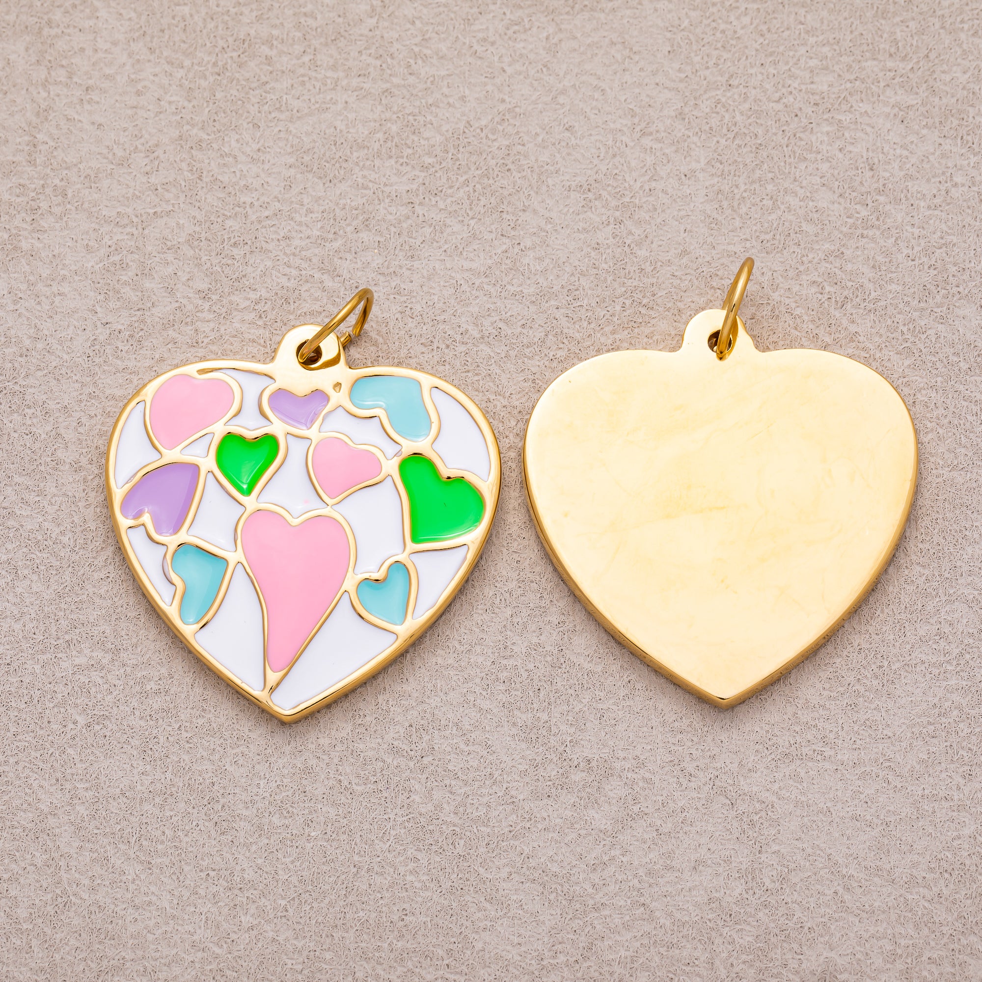 Gold PVD Stainless Steel Multi Color Mosaic Heart Enamel Pendant
