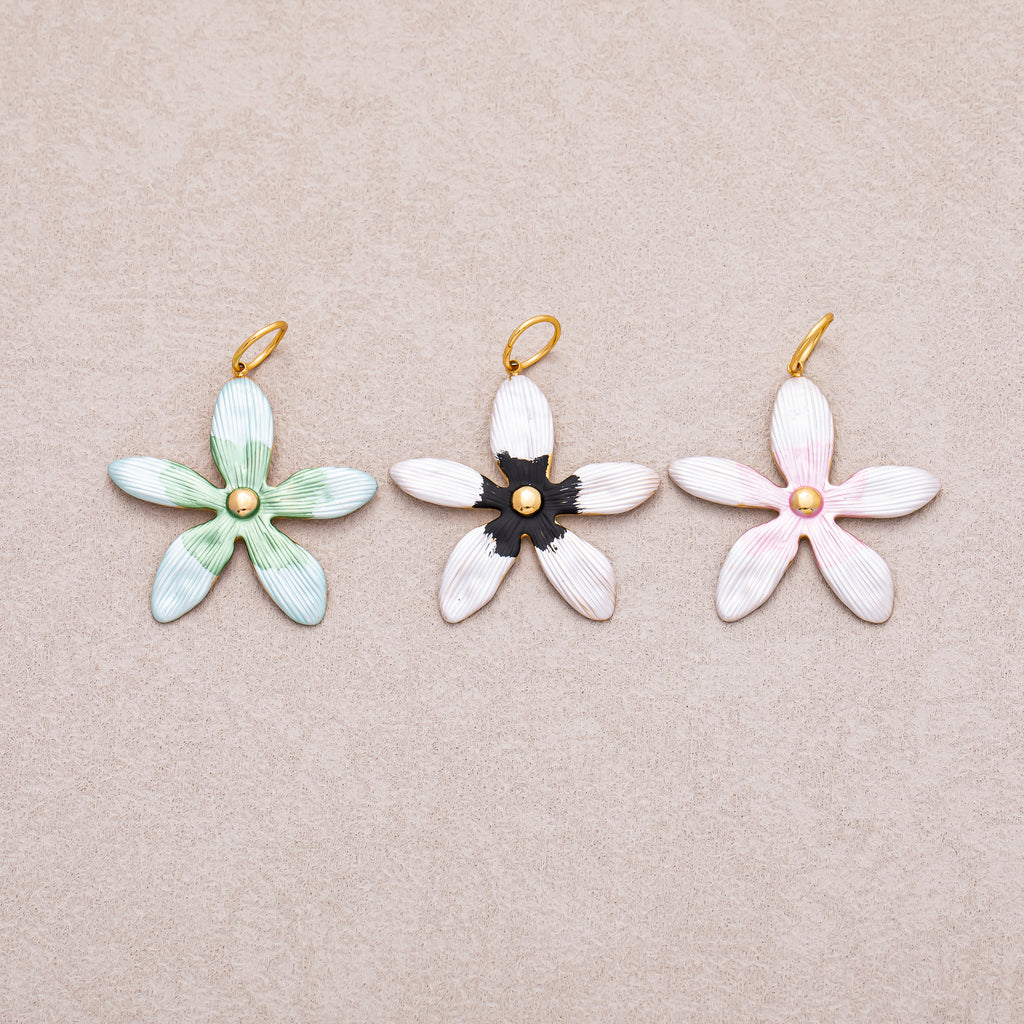 Gold PVD Stainless Steel Pink, Green, Black Enamel Gradient Flower Charm