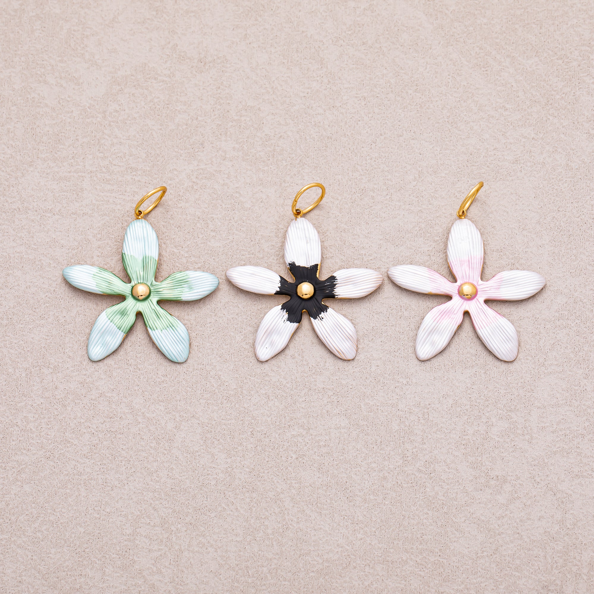 Gold PVD Stainless Steel Pink, Green, Black Enamel Gradient Flower Charm