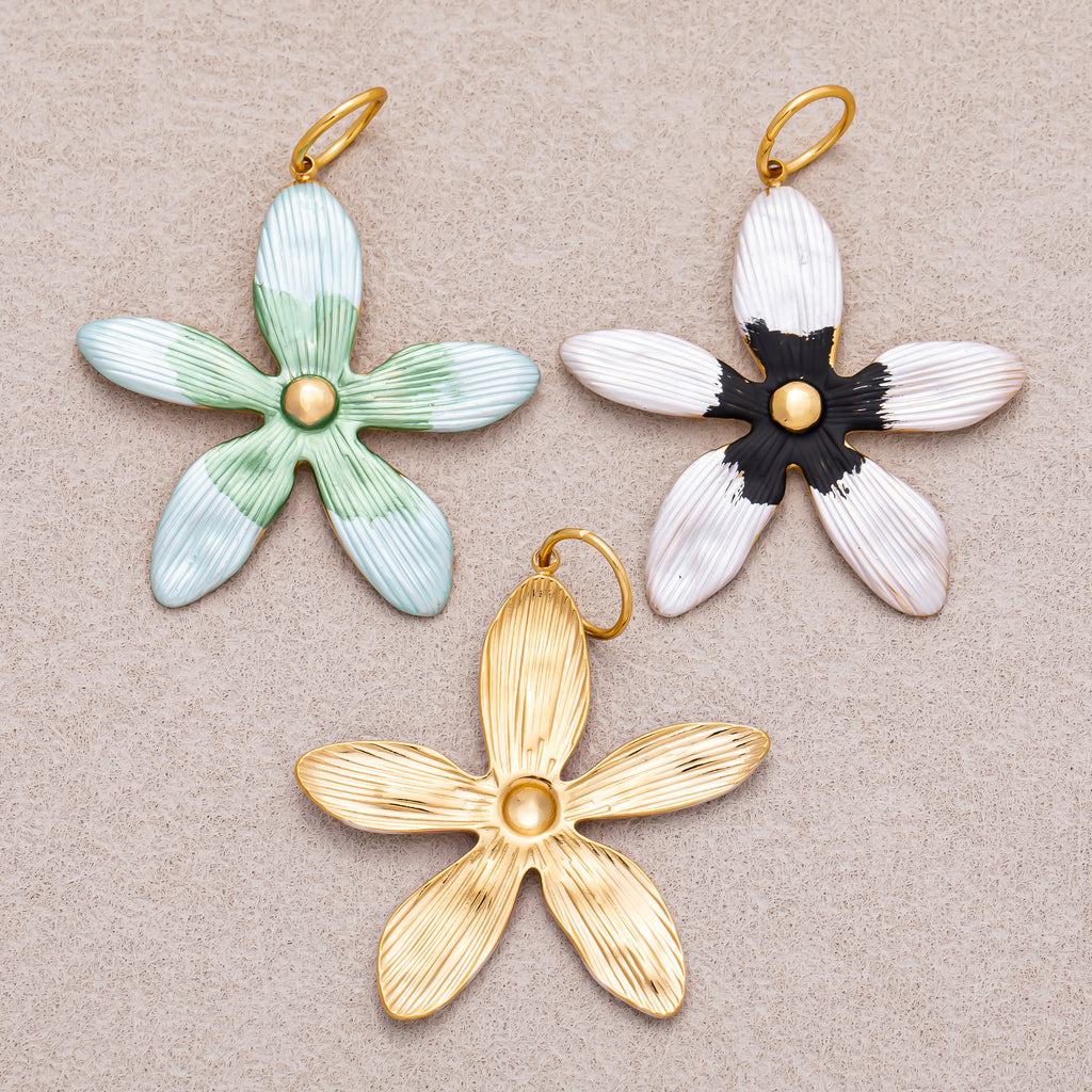 Gold PVD Stainless Steel Pink, Green, Black Enamel Gradient Flower Charm
