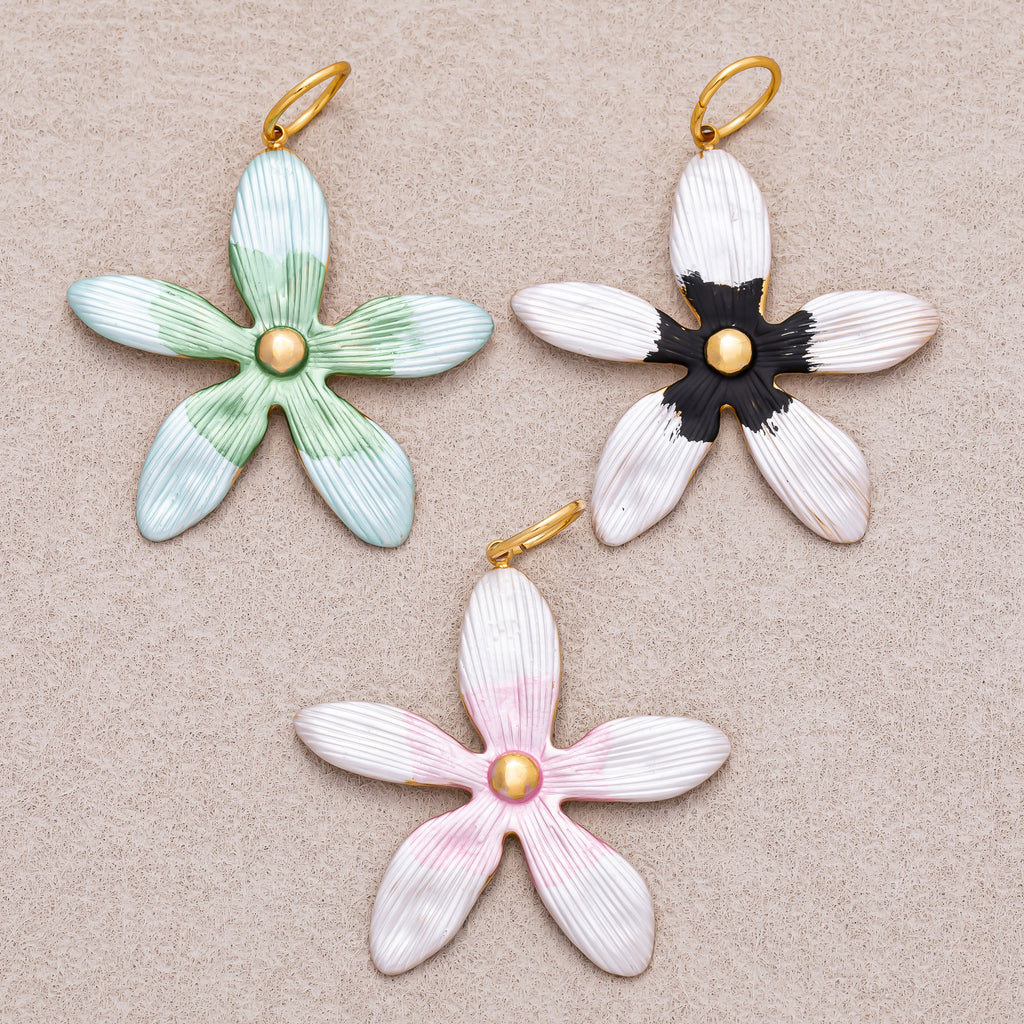 Gold PVD Stainless Steel Pink, Green, Black Enamel Gradient Flower Charm