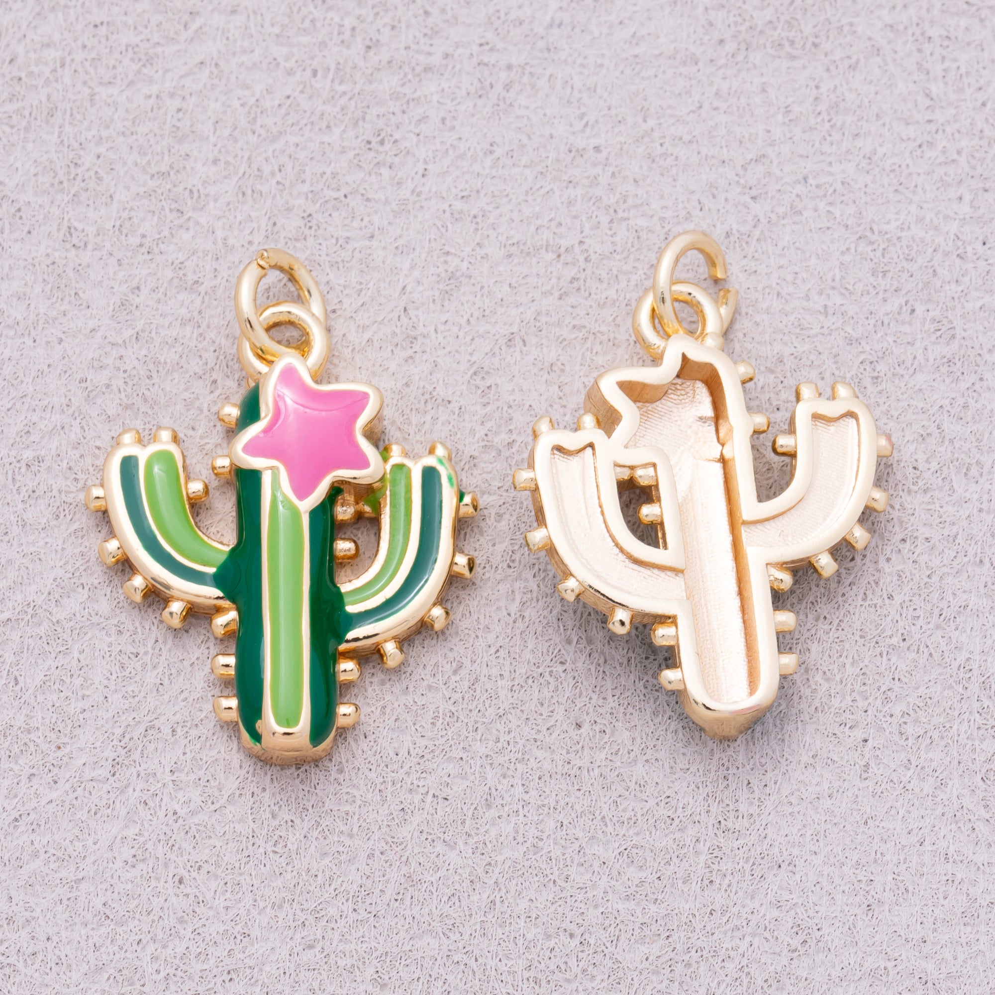 16K Gold Plated Green Enamel Cactus Plant Charm - Sold Each