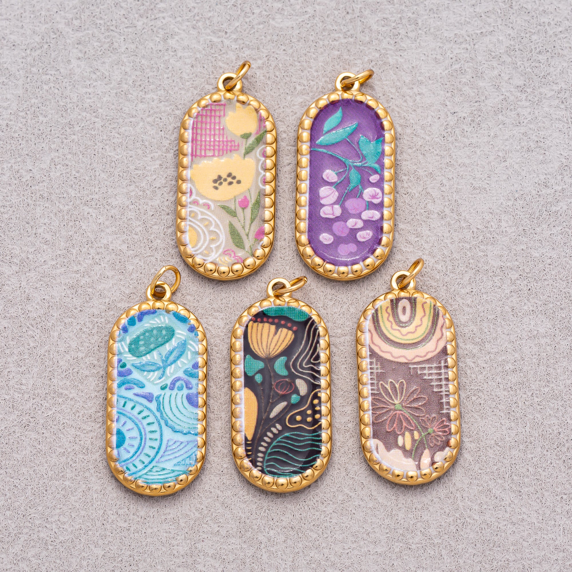 Gold PVD Stainless Steel Oval Floral Enamel Tag Pendants