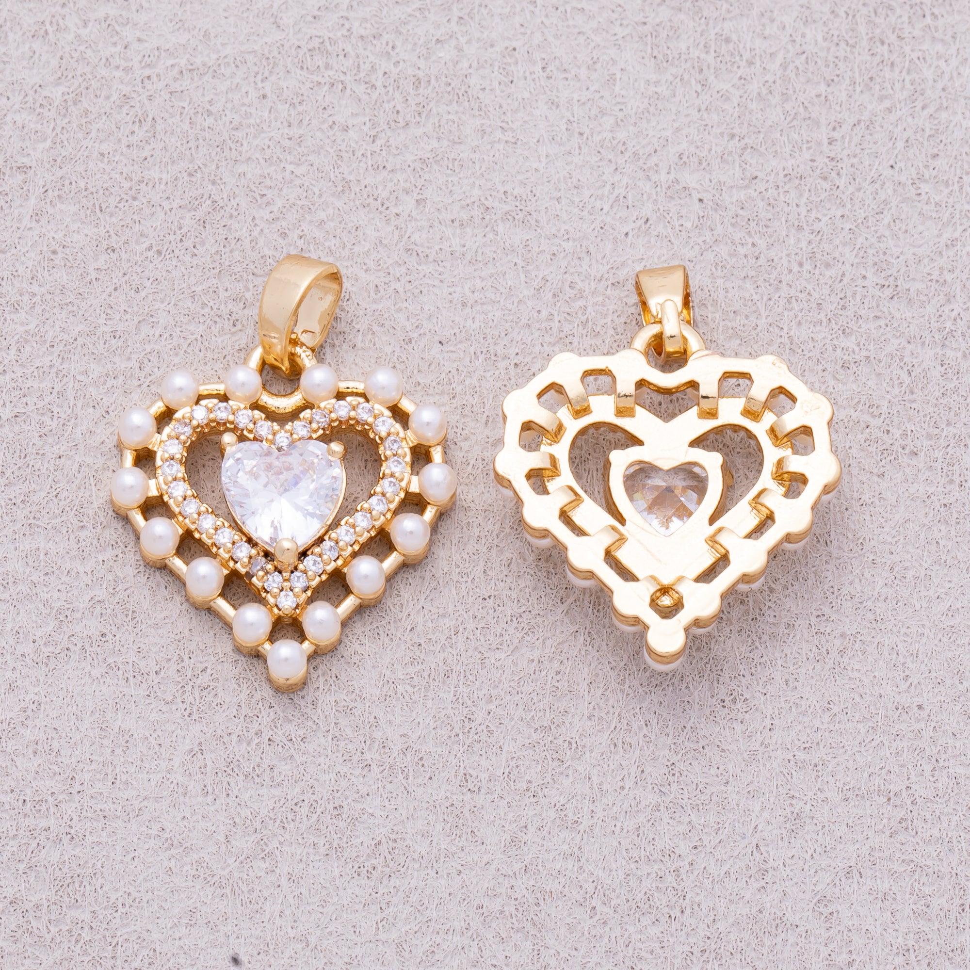 16K Gold Plated Shell Pearl CZ Double Layer Openwork Heart Pendant - Sold Each