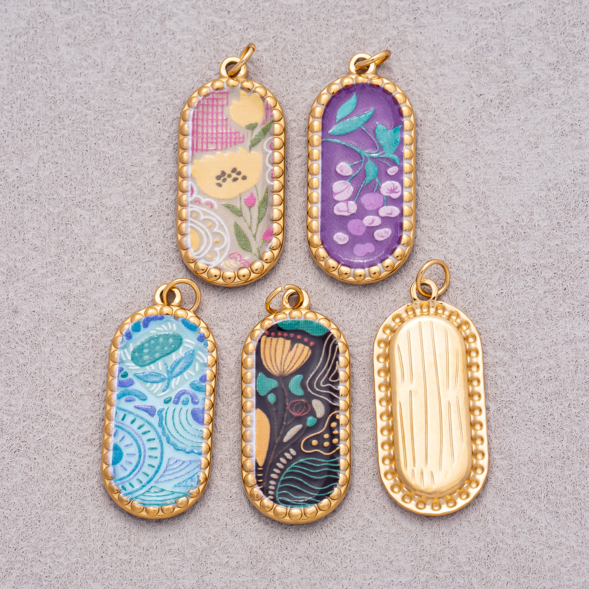 Gold PVD Stainless Steel Oval Floral Enamel Tag Pendants