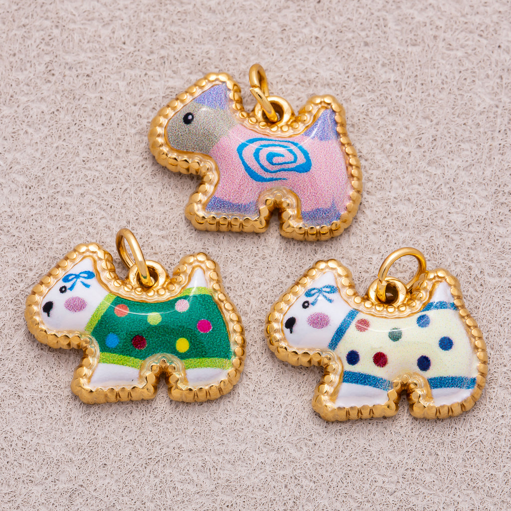 Gold PVD Stainless Steel Green, Yellow, Pink Cute Enamel Kitten Animal Charm