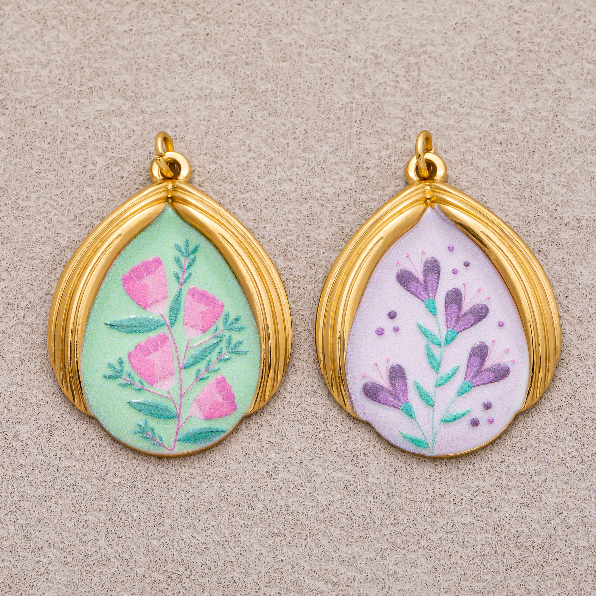 Gold PVD Stainless Steel Teardrop Floral Enamel Pendants