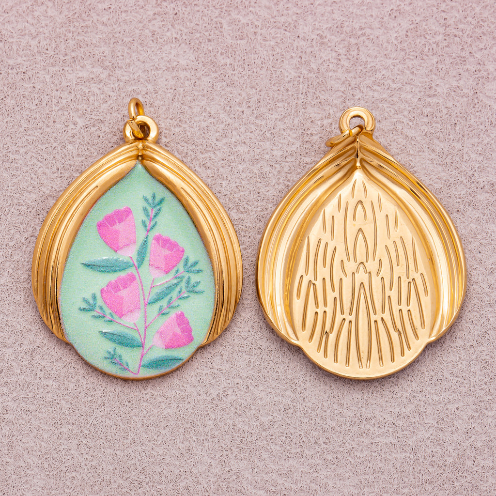 Gold PVD Stainless Steel Teardrop Floral Enamel Pendants
