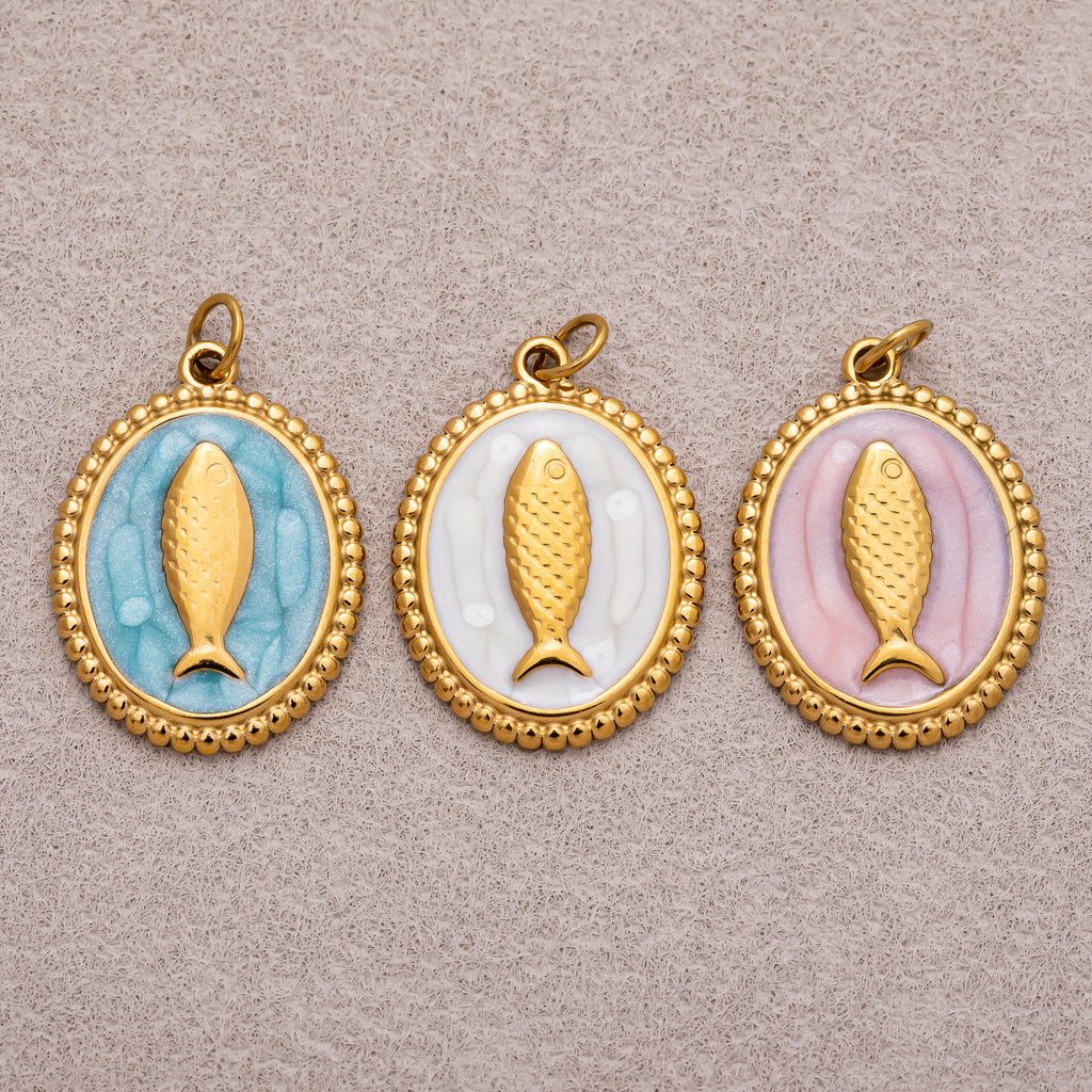 Gold PVD Stainless Steel Pink, Blue, White Enamel Fish Dotted Medallion Oval Charm