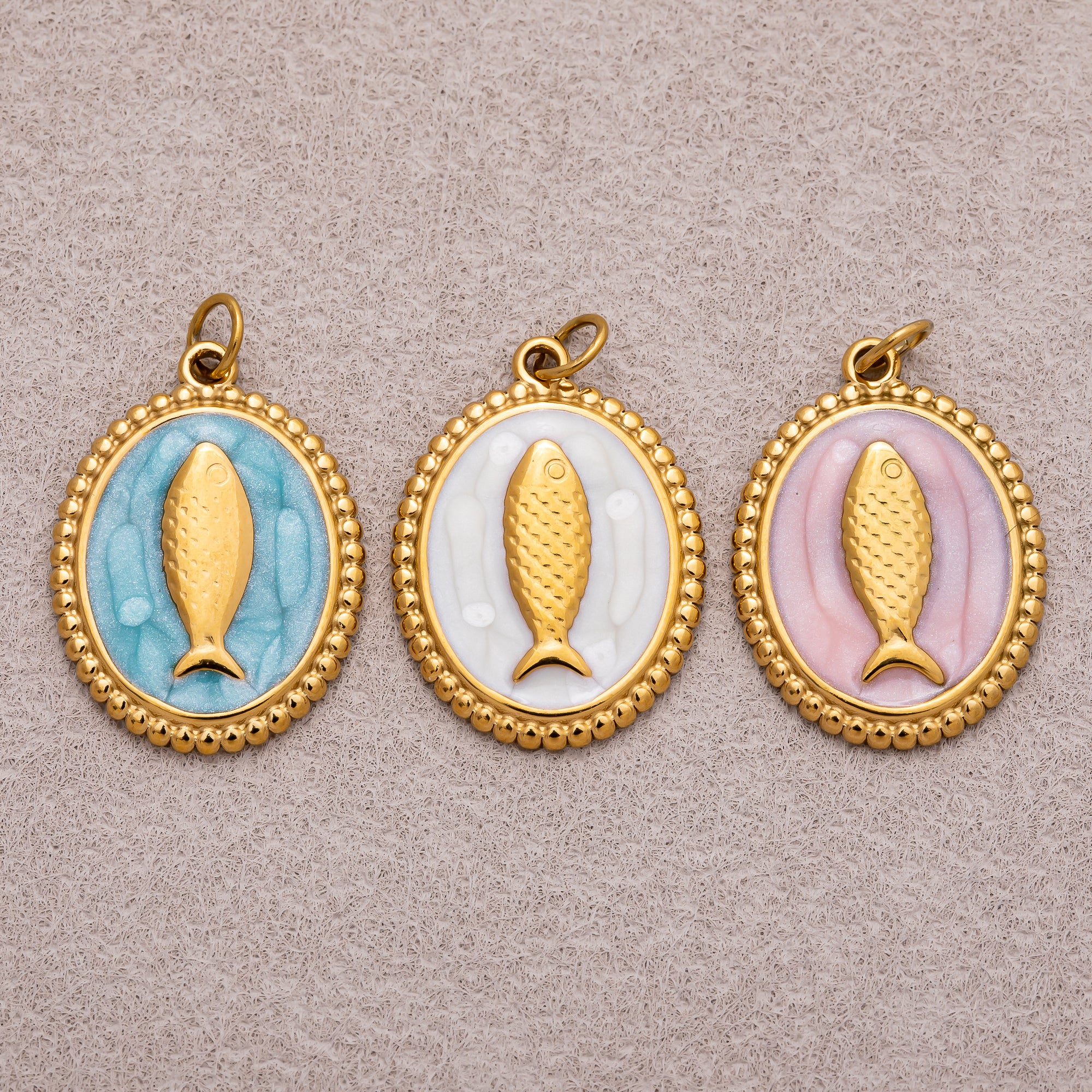 Gold PVD Stainless Steel Pink, Blue, White Enamel Fish Dotted Medallion Oval Charm