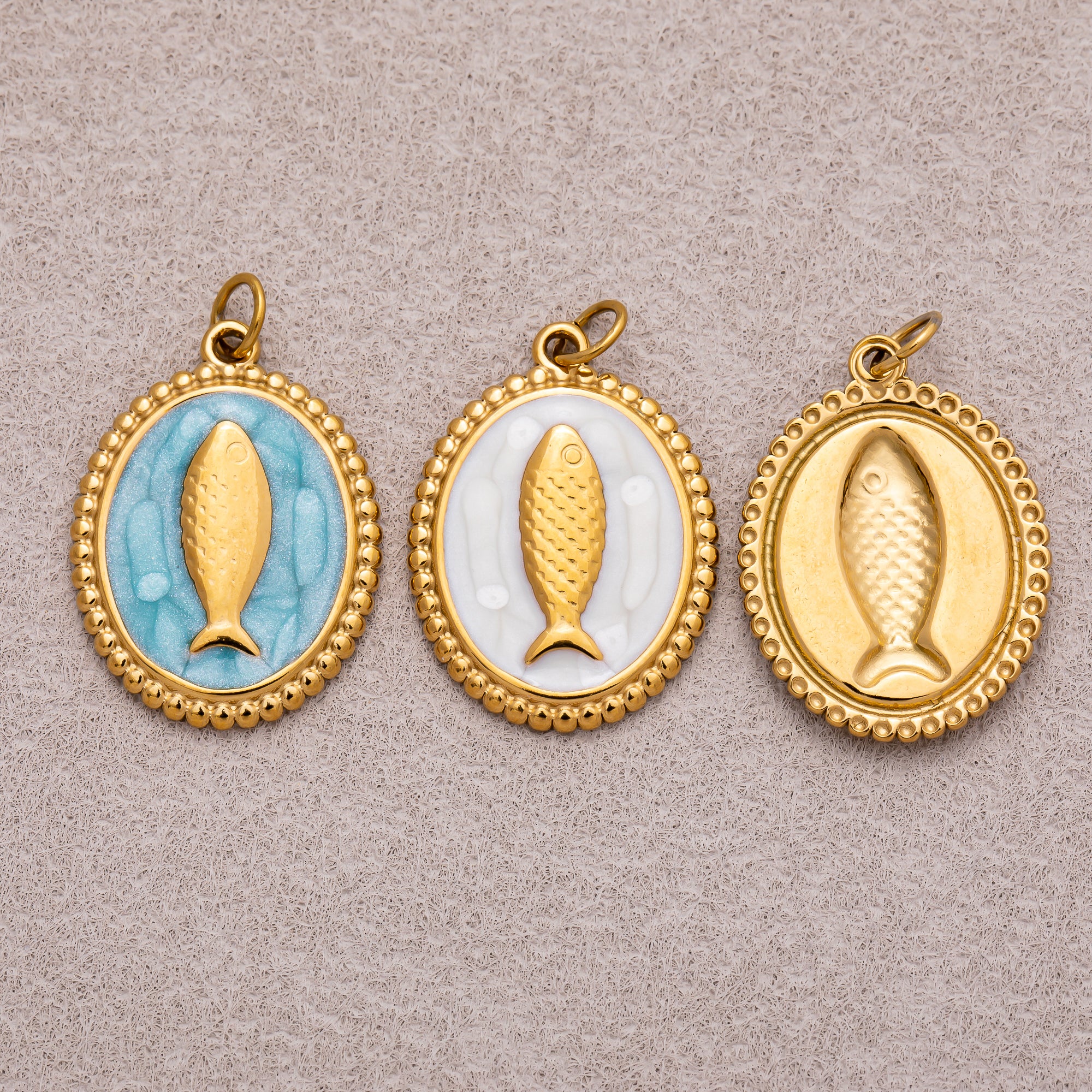 Gold PVD Stainless Steel Pink, Blue, White Enamel Fish Dotted Medallion Oval Charm