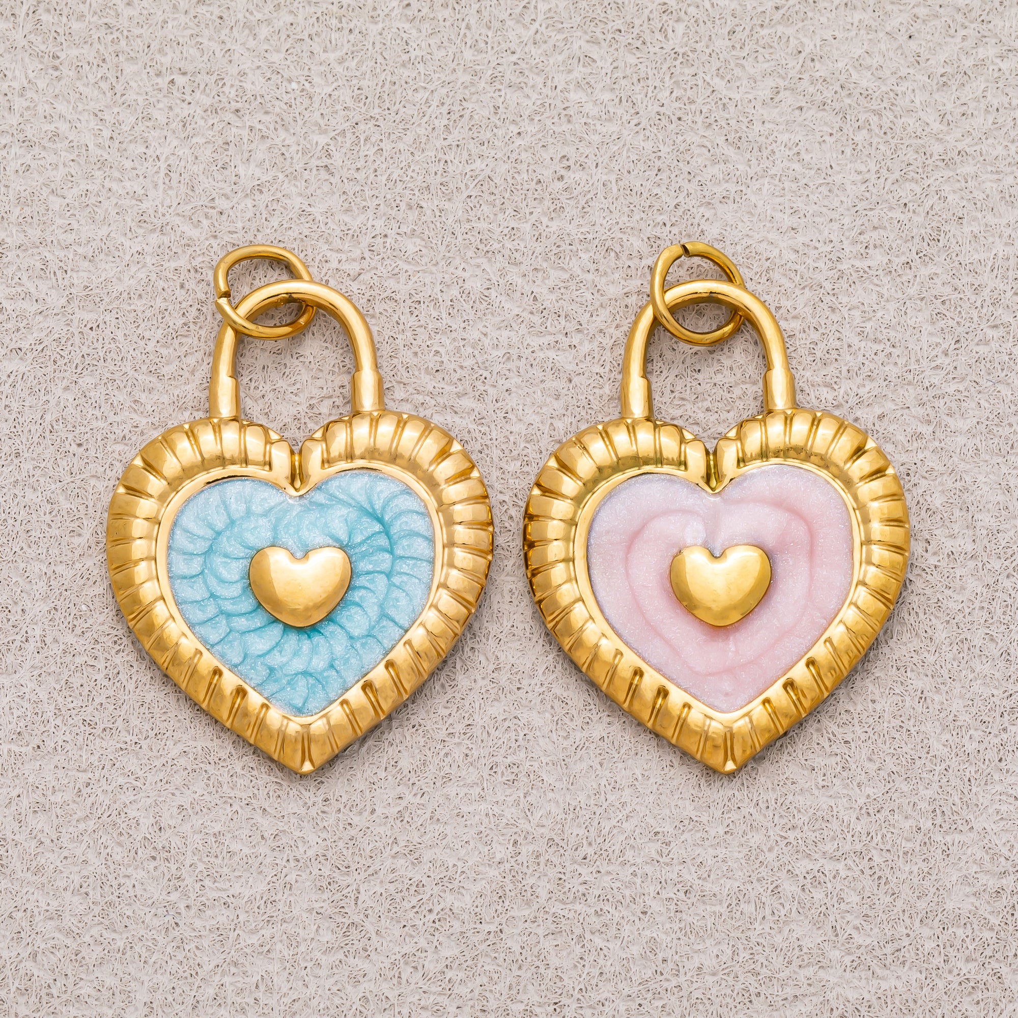 Gold PVD Stainless Steel Pink, Blue Enamel Ribbed Heart Padlock Charm