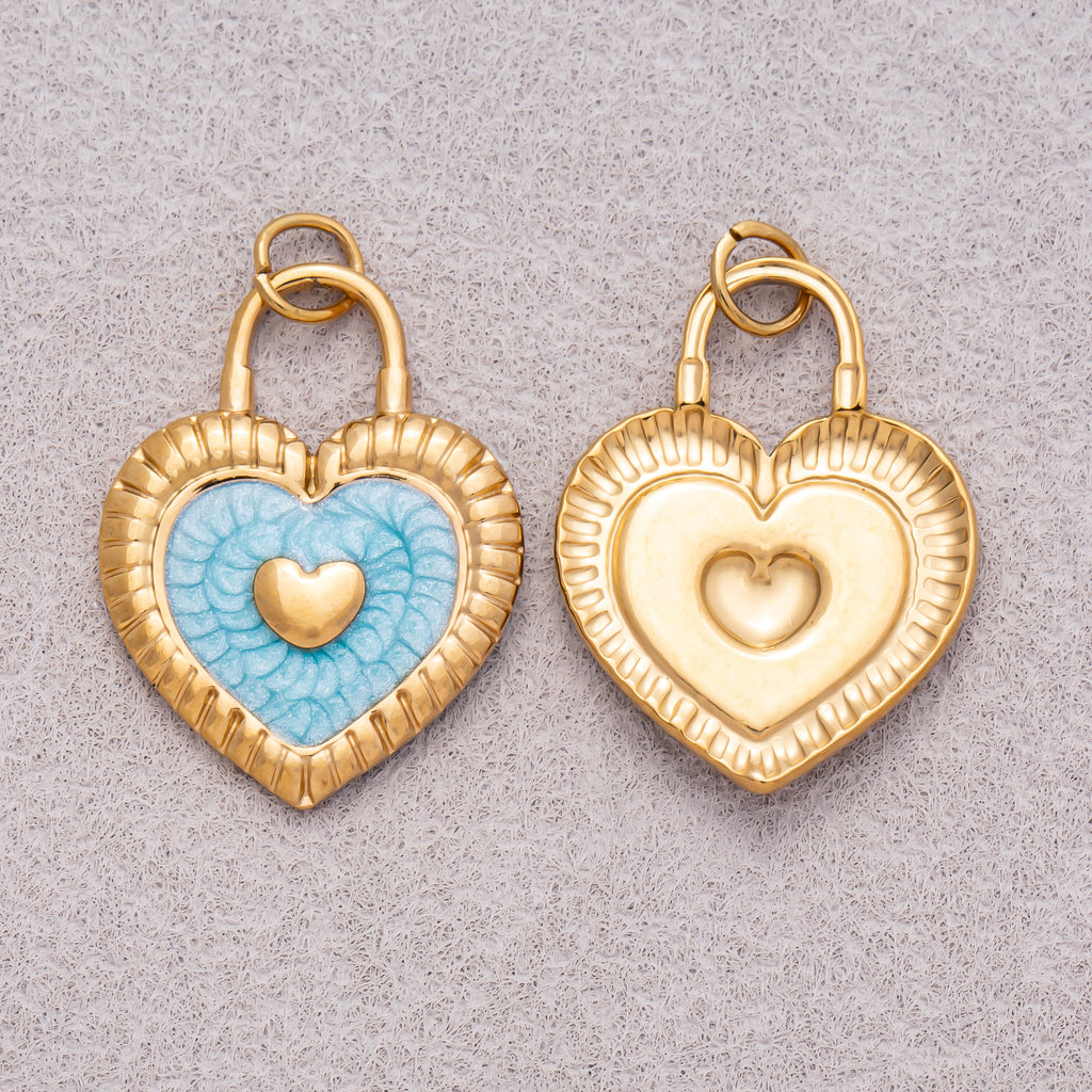 Gold PVD Stainless Steel Pink, Blue Enamel Ribbed Heart Padlock Charm