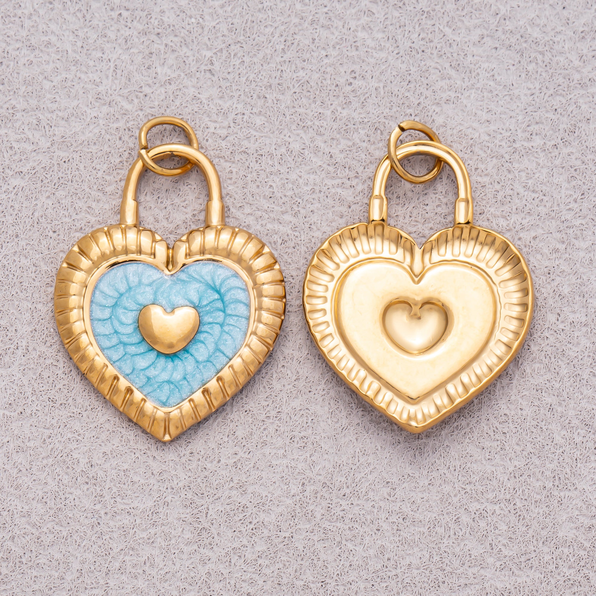 Gold PVD Stainless Steel Pink, Blue Enamel Ribbed Heart Padlock Charm