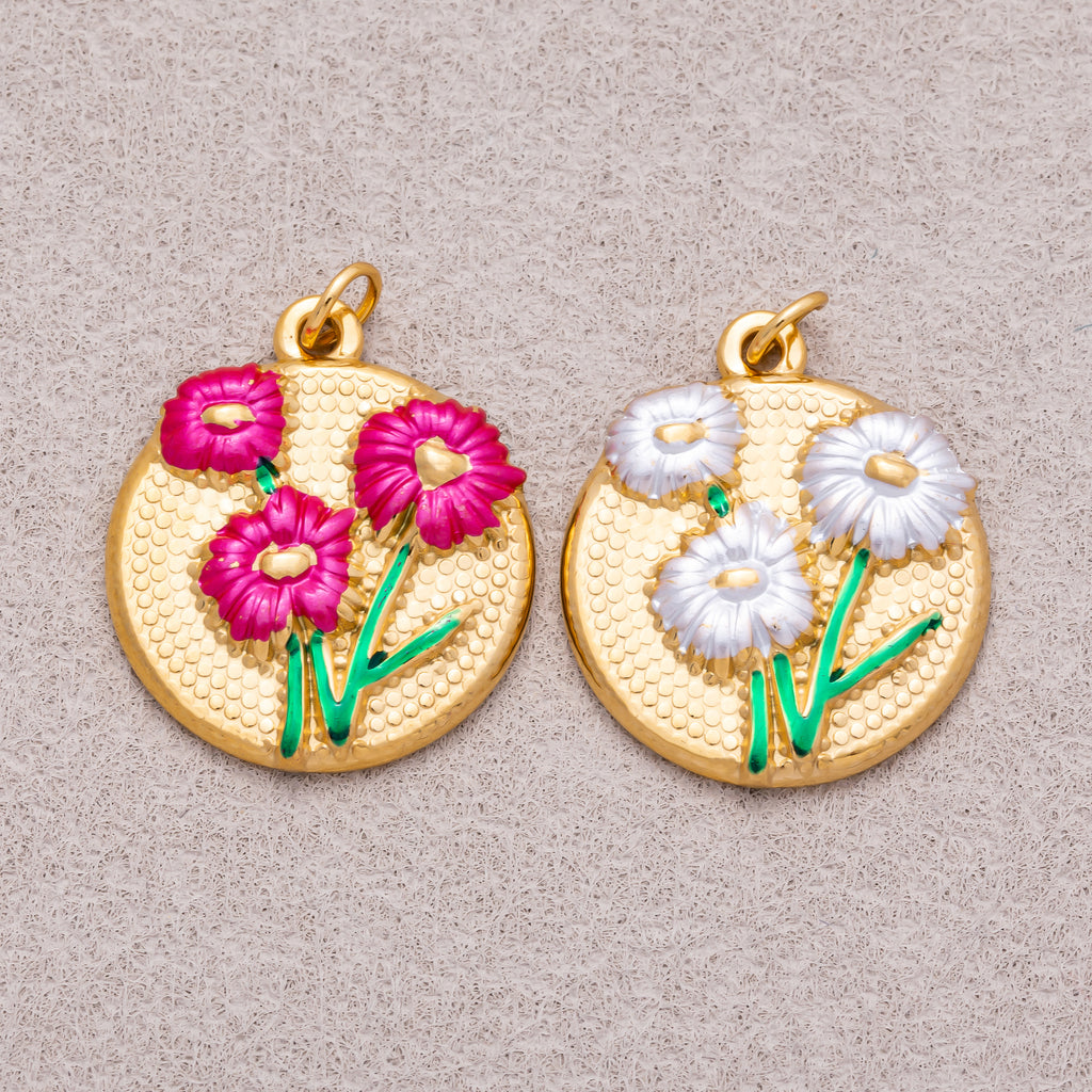 Gold PVD Stainless Steel White, Fuchsia Daisy Flower Medallion Charm