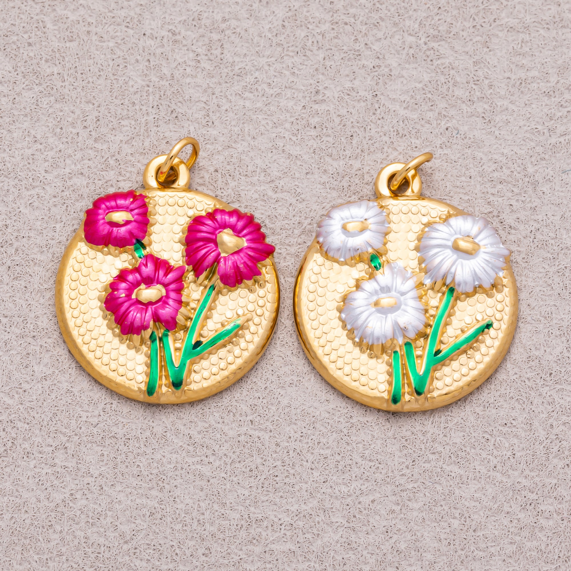 Gold PVD Stainless Steel White, Fuchsia Daisy Flower Medallion Charm