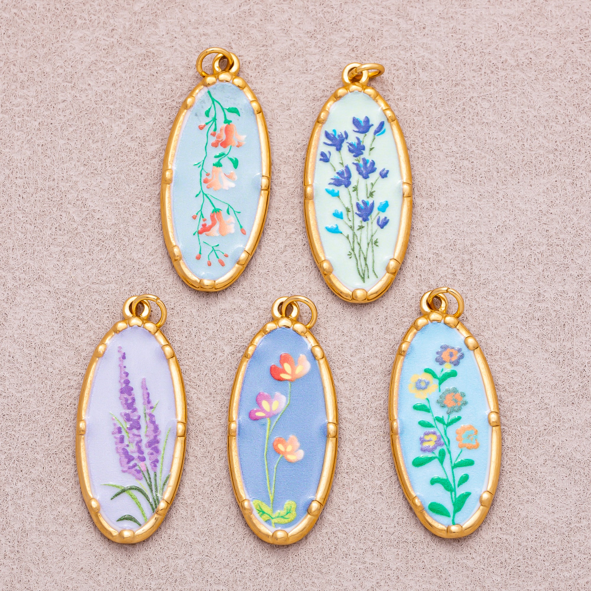Gold PVD Stainless Steel Hand-Painted Colorful Vintage Oval Artistic Botanical Charm