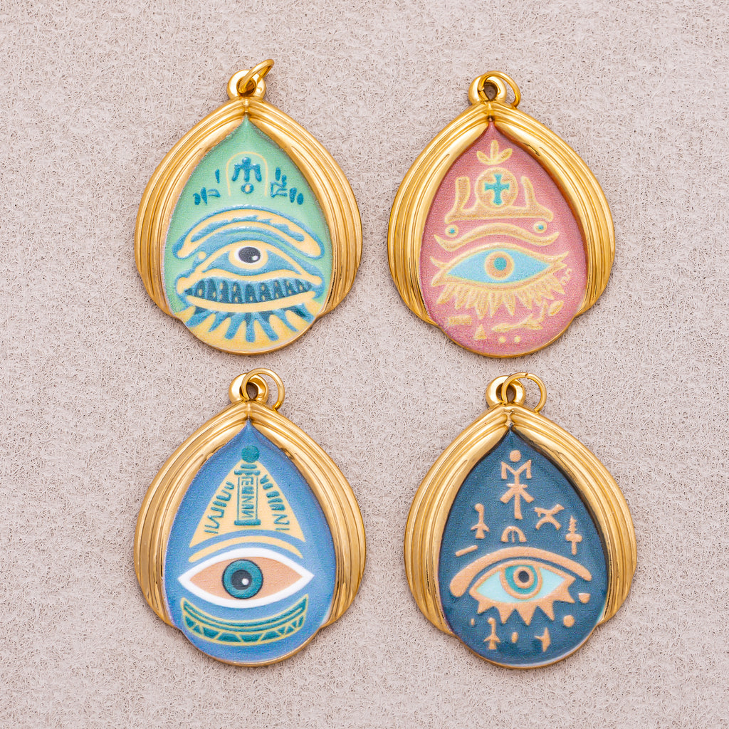 Gold PVD Stainless Steel Teardrop Evil Eye Enamel Pendants
