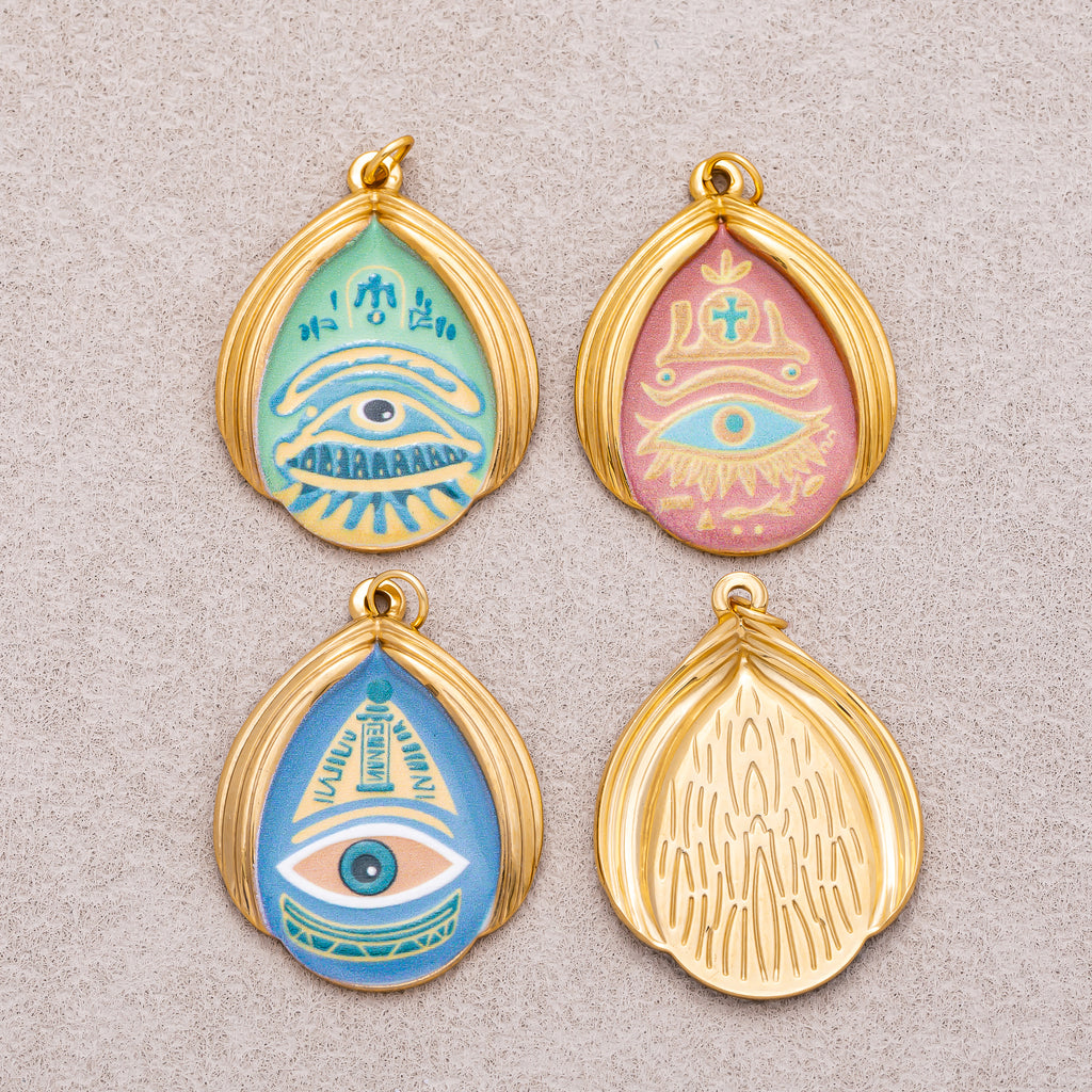 Gold PVD Stainless Steel Teardrop Evil Eye Enamel Pendants