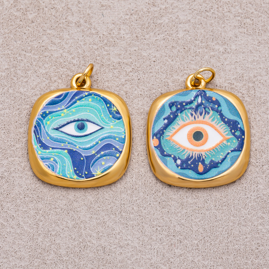 Gold PVD Stainless Steel Blue Enamel Galaxy Style Evil Eye Charm