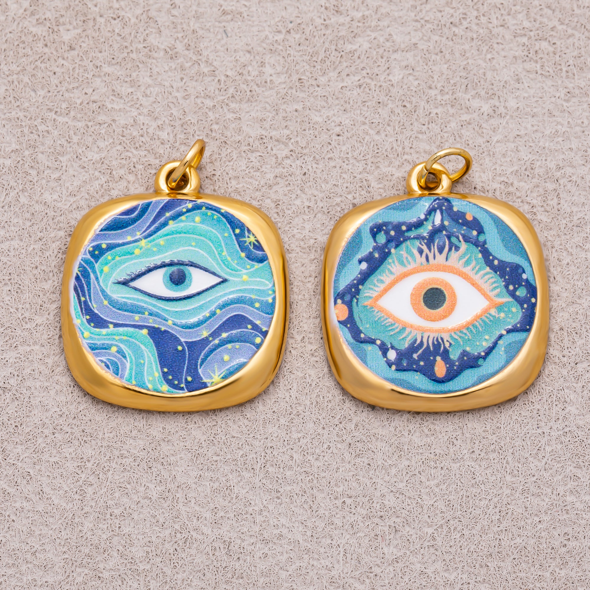 Gold PVD Stainless Steel Blue Enamel Galaxy Style Evil Eye Charm