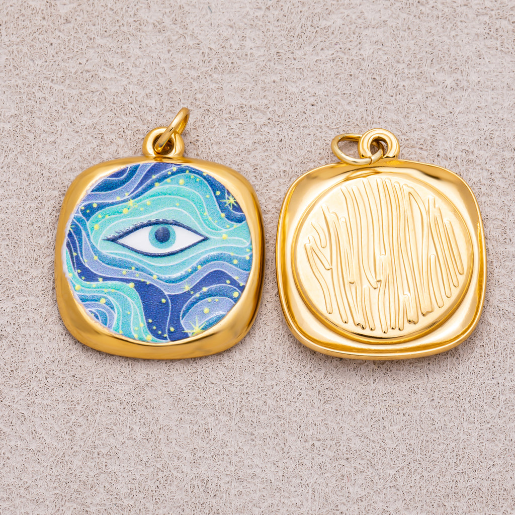 Gold PVD Stainless Steel Blue Enamel Galaxy Style Evil Eye Charm