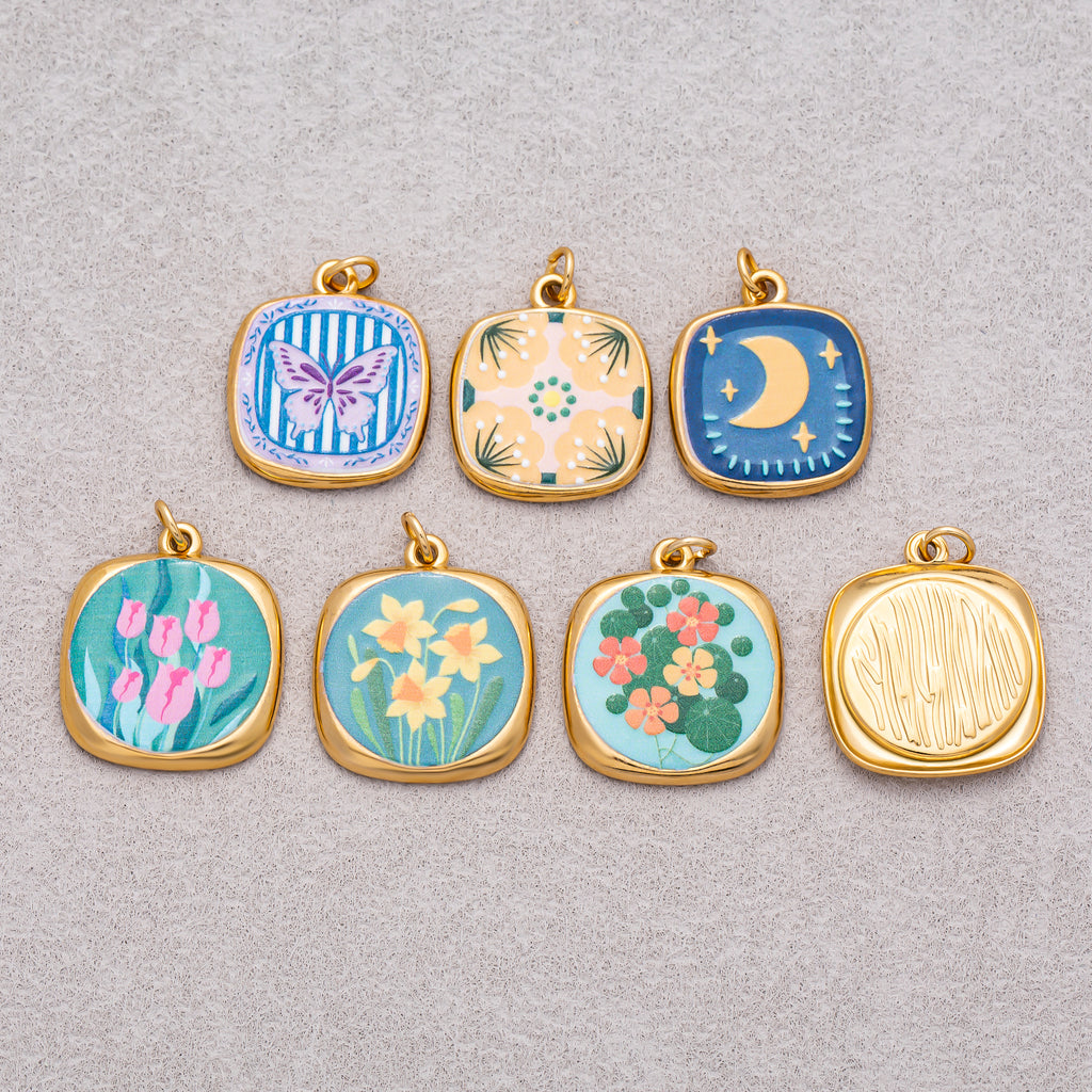 Gold PVD Stainless Steel Hand-Painted Dreamy Set Medallion Tag Charm