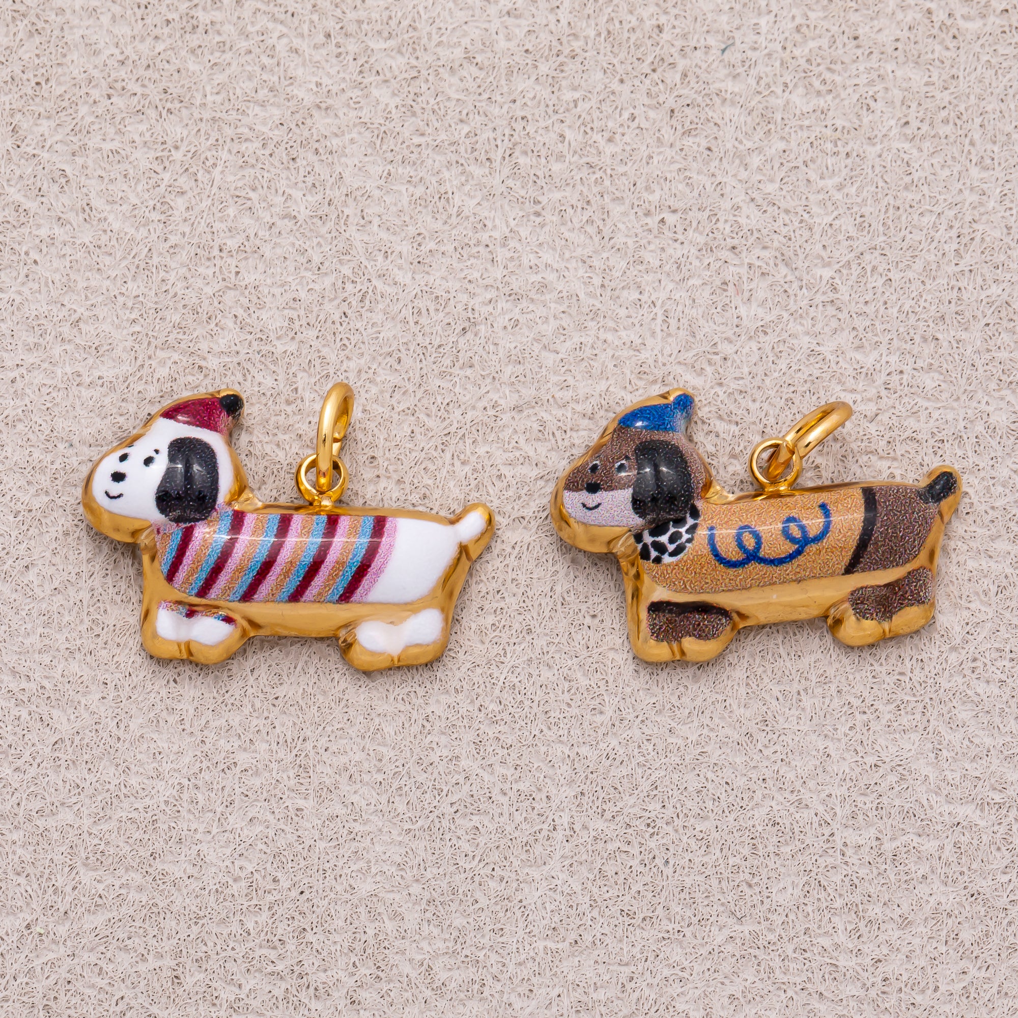 Gold PVD Stainless Steel Brown, White Puppy Pet Animal Charm