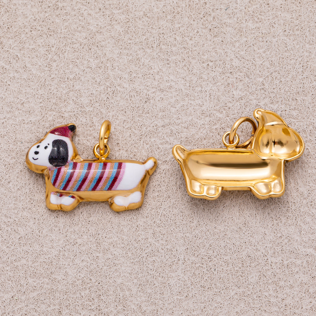 Gold PVD Stainless Steel Brown, White Puppy Pet Animal Charm