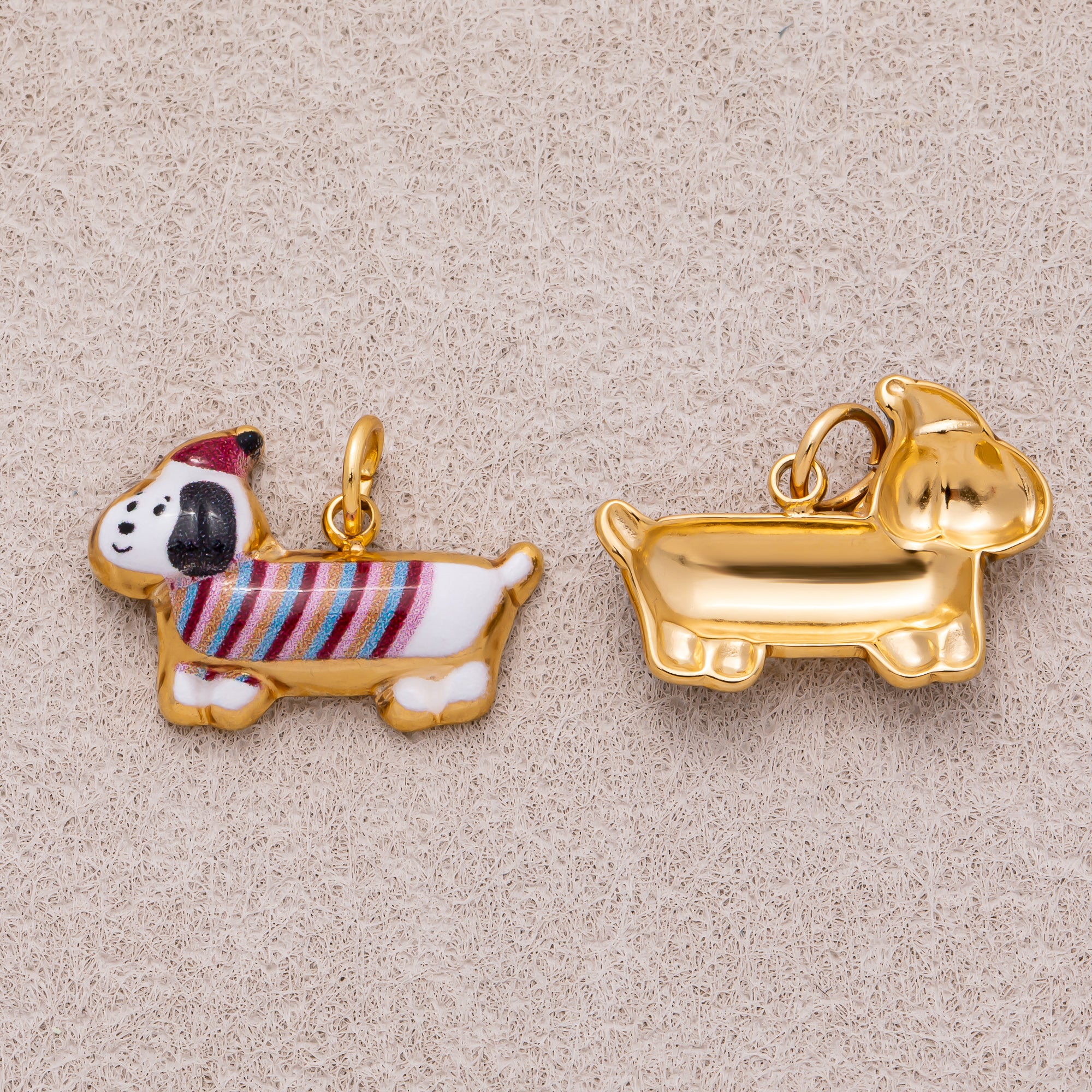 Gold PVD Stainless Steel Brown, White Puppy Pet Animal Charm