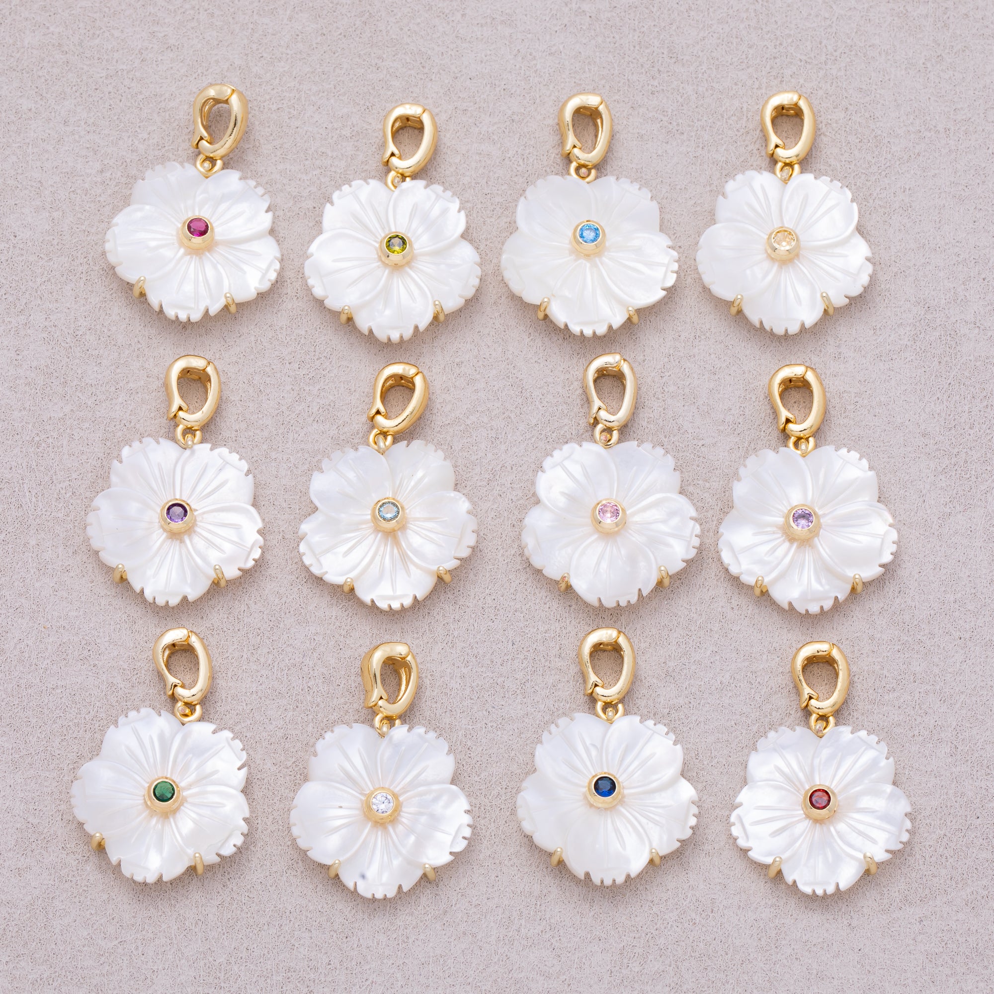 16K Gold Plated Mother of Pearl Blooming Flower Personal Birthstone Pendant - Sold Each