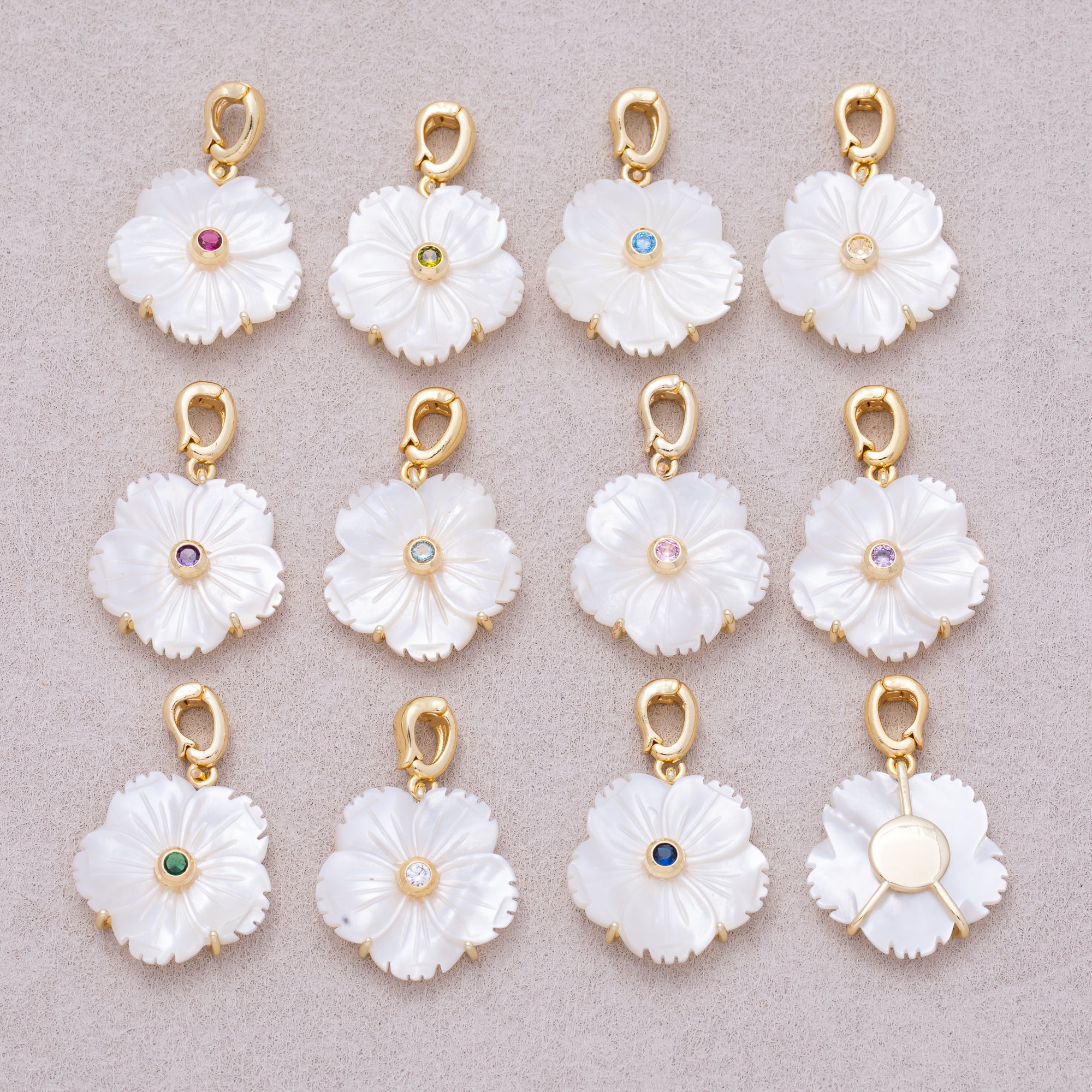 16K Gold Plated Mother of Pearl Blooming Flower Personal Birthstone Pendant - Sold Each