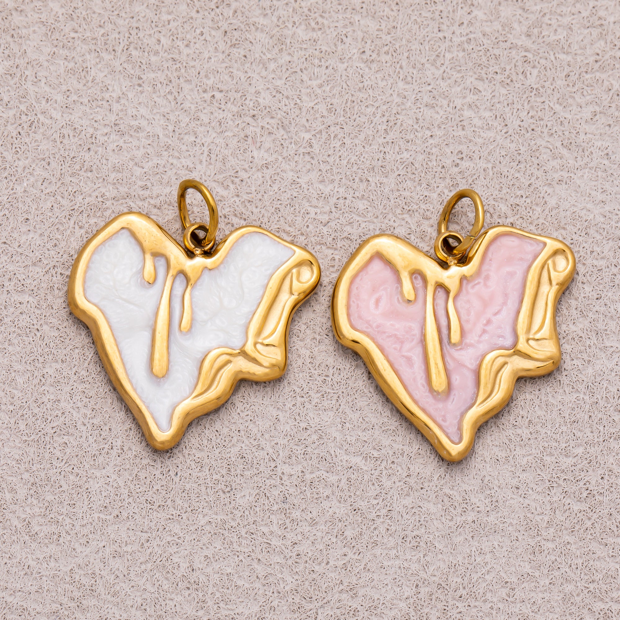 Gold PVD Stainless Steel Pink, White Molten Irregular Heart Enamel Charm