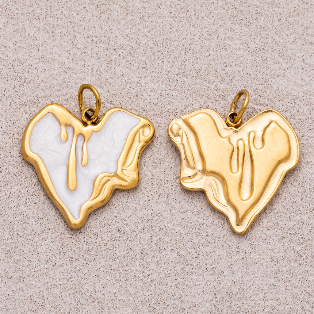 Gold PVD Stainless Steel Pink, White Molten Irregular Heart Enamel Charm