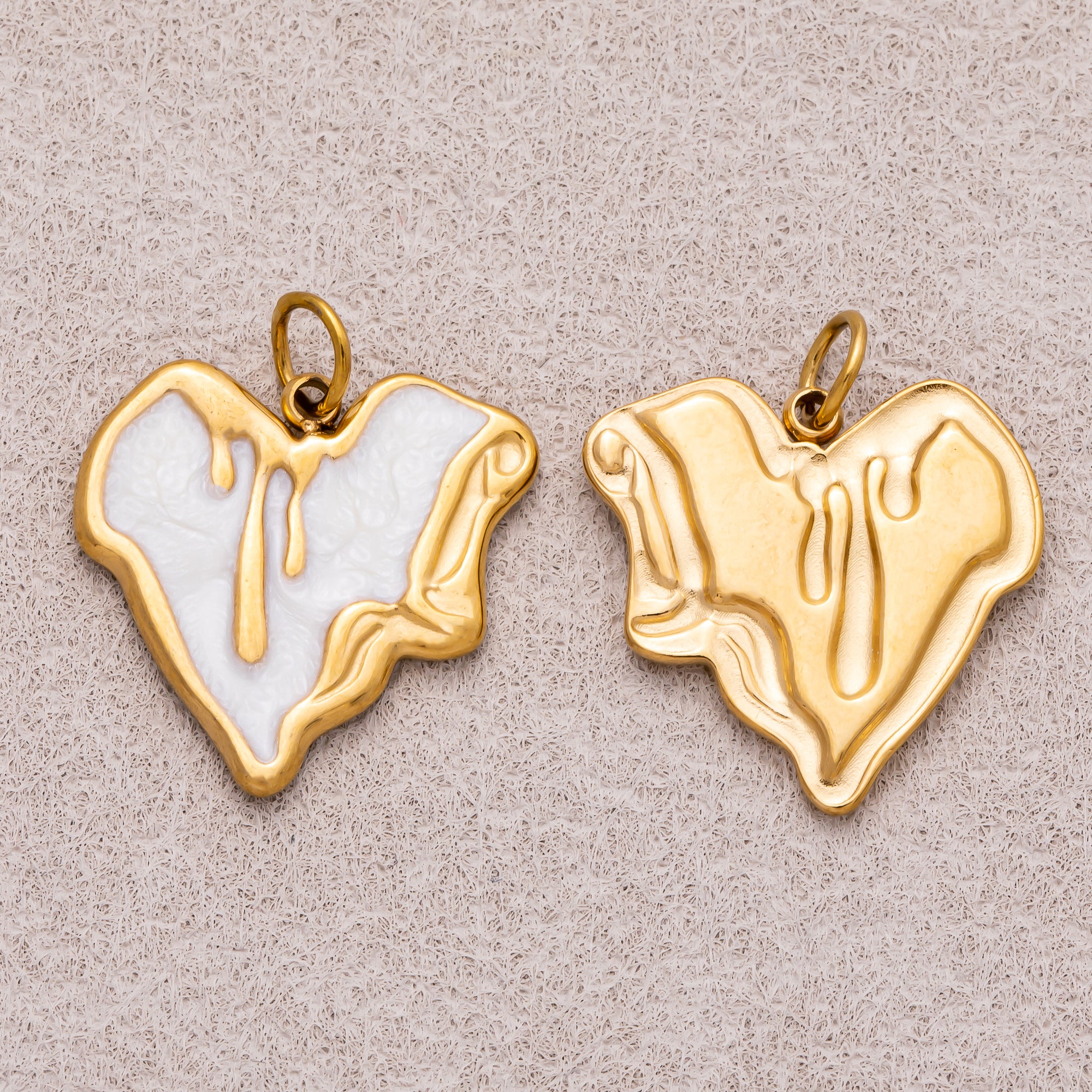 Gold PVD Stainless Steel Pink, White Molten Irregular Heart Enamel Charm