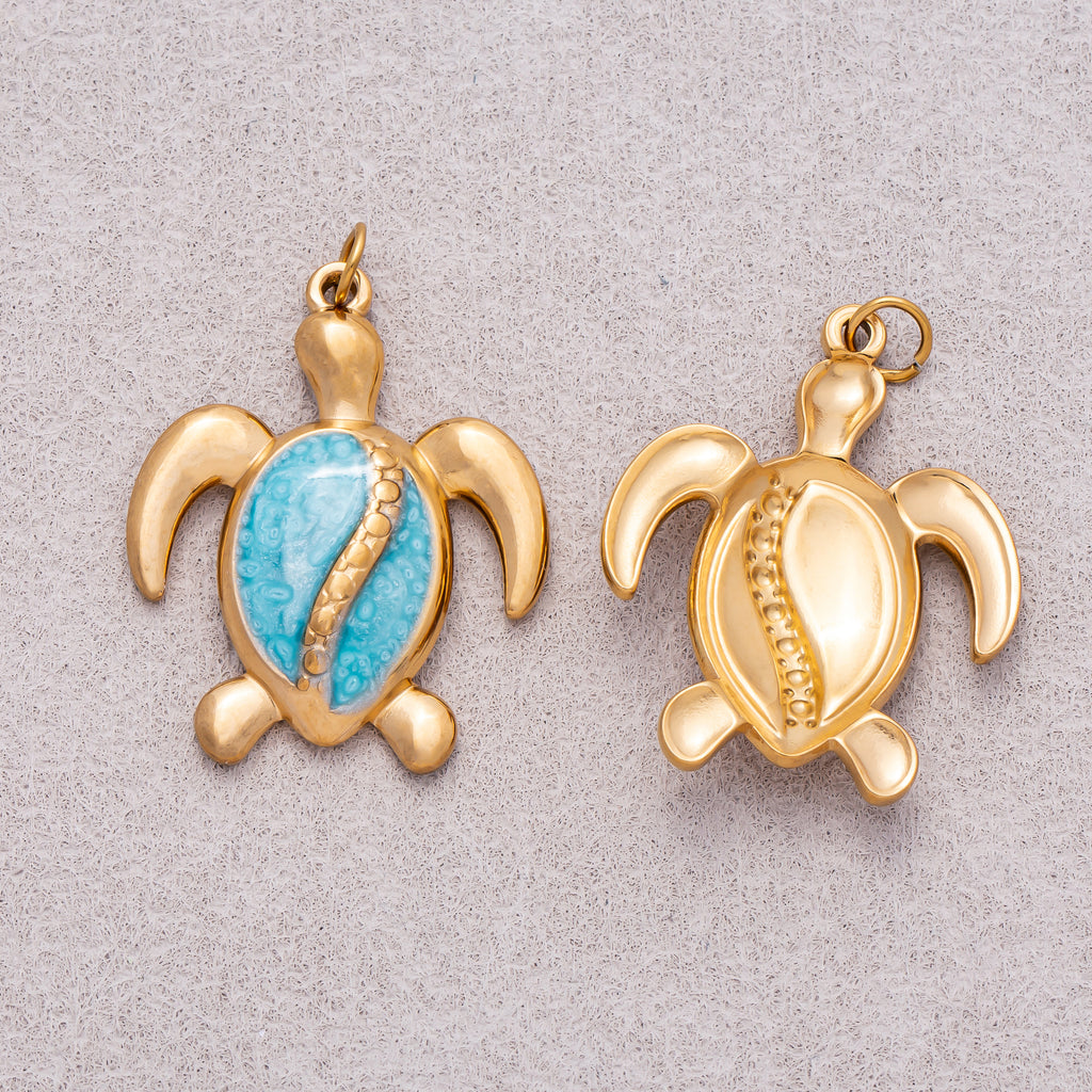 Gold PVD Stainless Steel Pink, Blue Enamel Tortoise Turtle Animal Charm