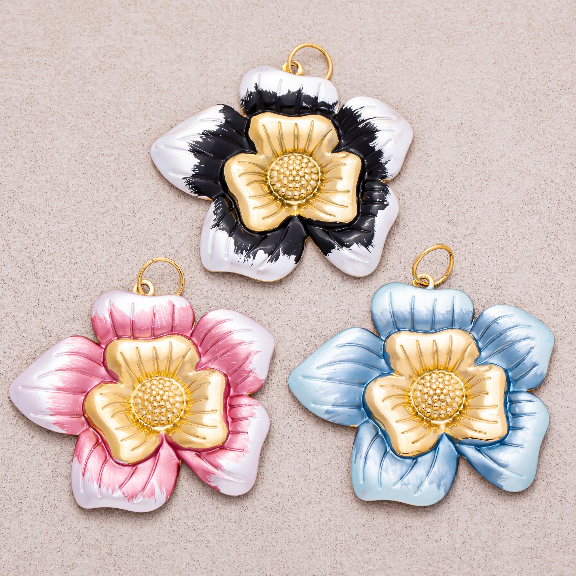 Gold PVD Stainless Steel Pink, Blue, Black Enamel Blooming Flower Charm