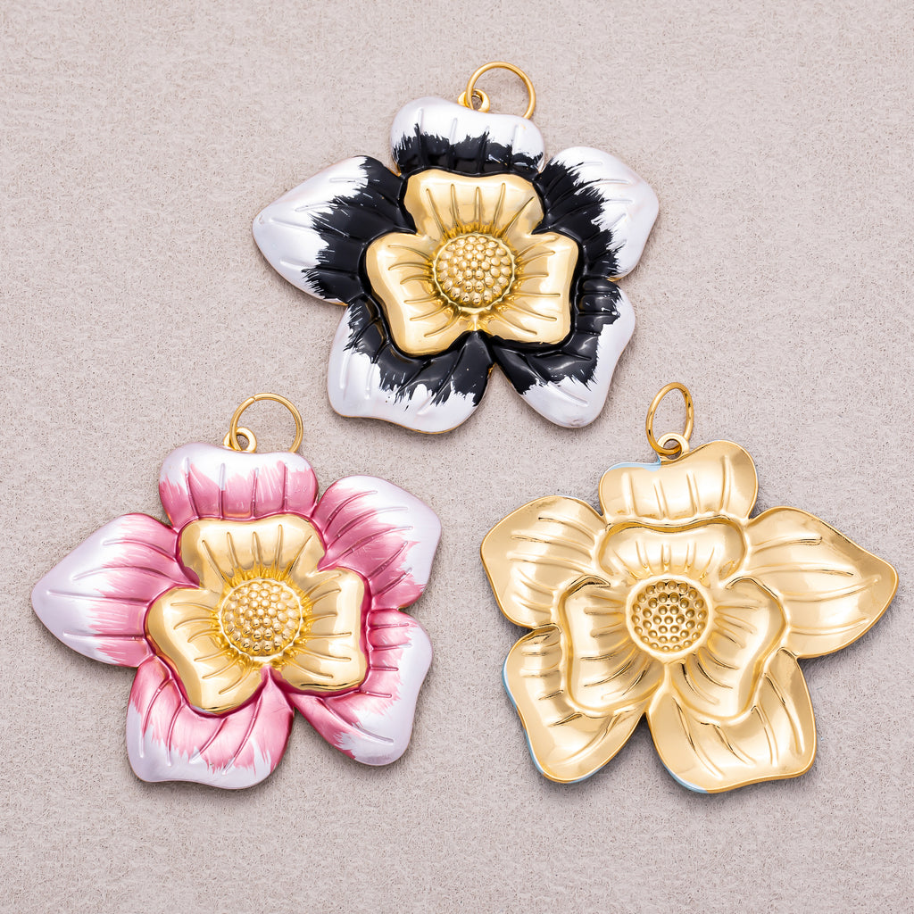 Gold PVD Stainless Steel Pink, Blue, Black Enamel Blooming Flower Charm