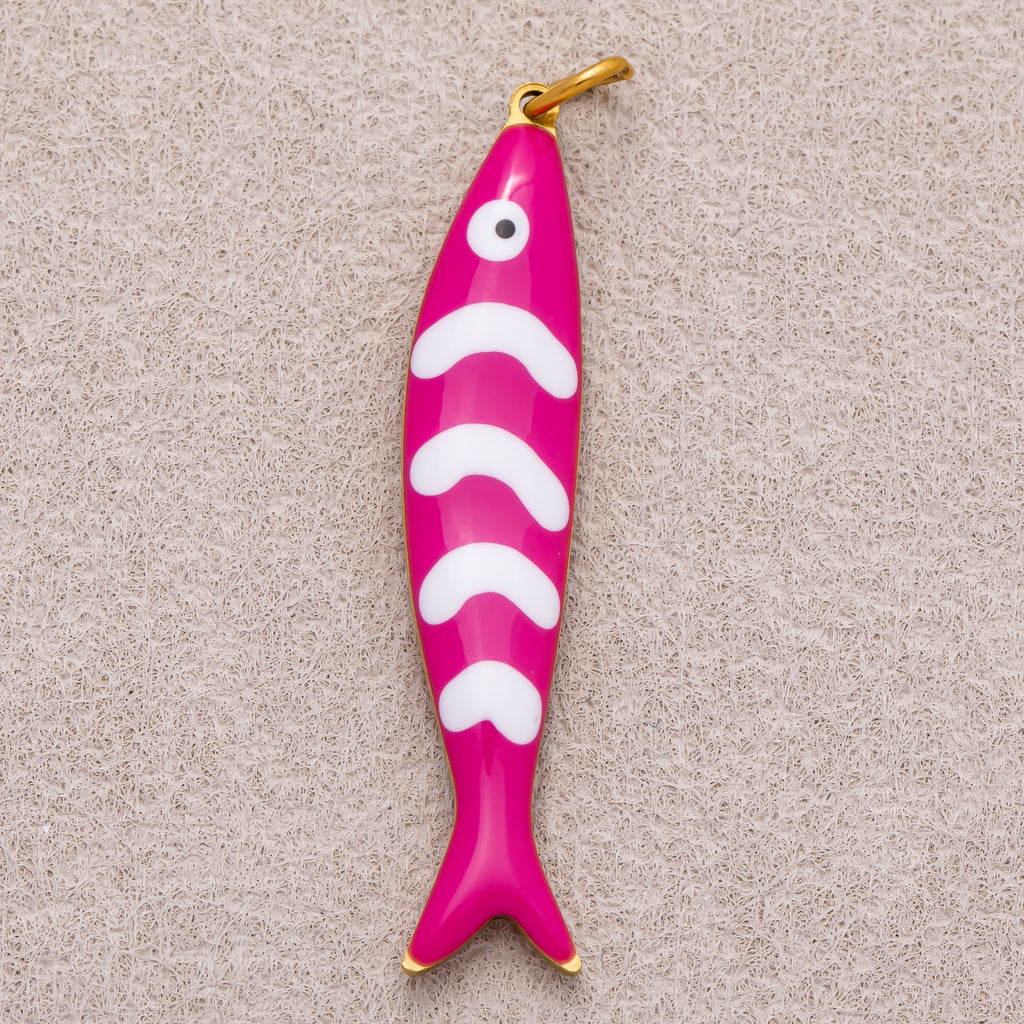 Gold PVD Stainless Steel Pink, Blue White-Lined Fish Sea 3D Multidimensional Charm