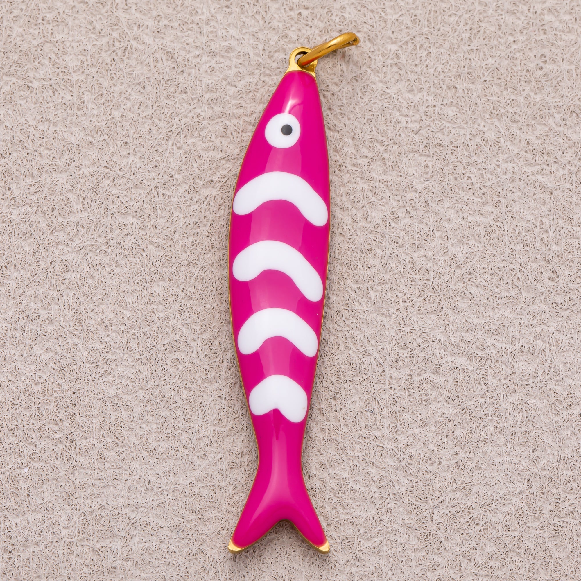 Gold PVD Stainless Steel Pink, Blue White-Lined Fish Sea 3D Multidimensional Charm