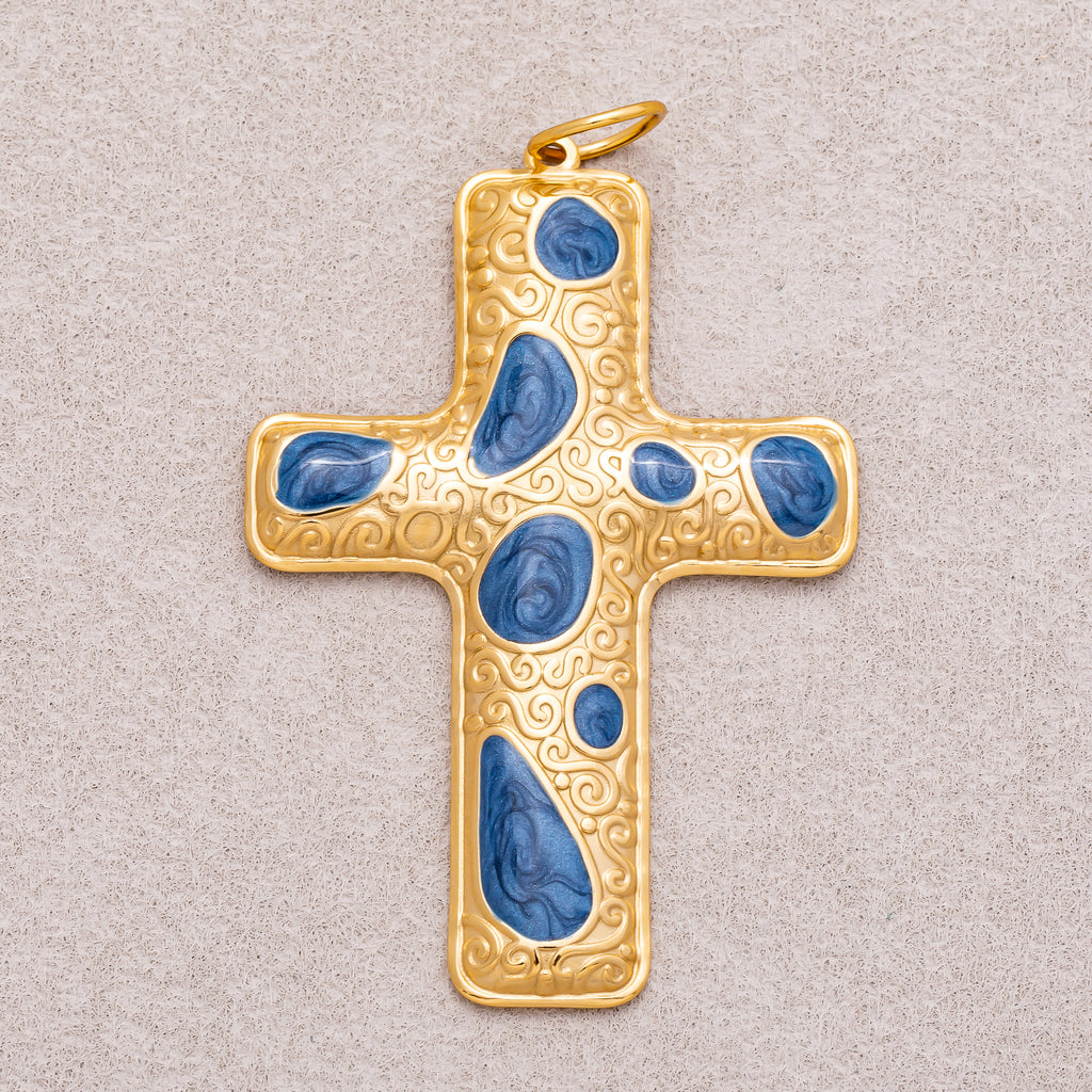 Gold PVD Stainless Steel Blue Enamel Patterned Religious Cross Charm