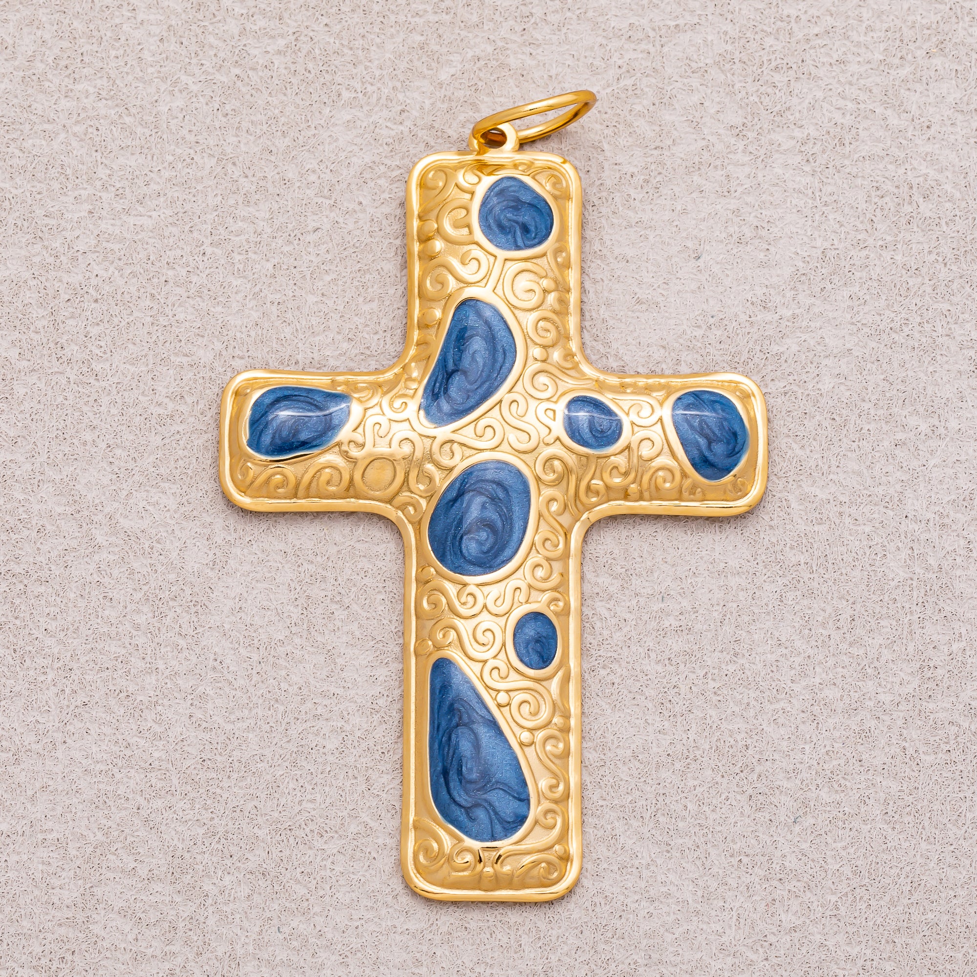 Gold PVD Stainless Steel Blue Enamel Patterned Religious Cross Charm