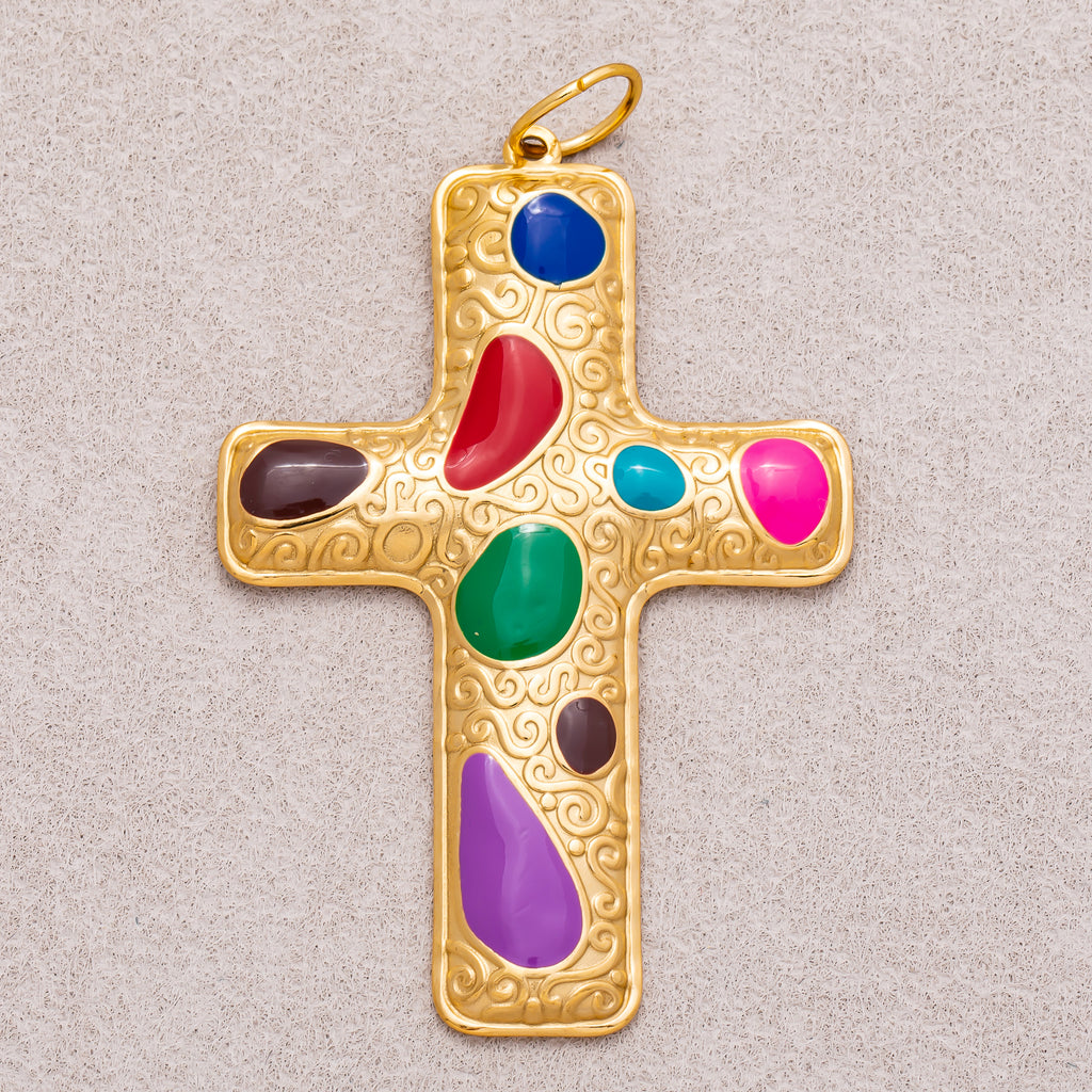 Gold PVD Stainless Steel Multicolor Enamel Patterned Religious Cross Charm