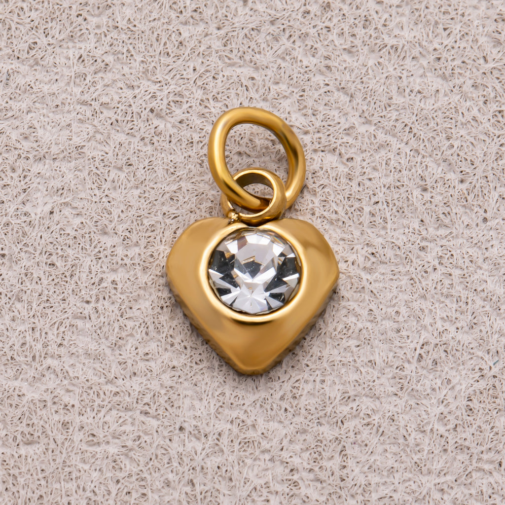 Gold PVD Stainless Steel Round CZ Tiny Bezel Cut Heart Shaped Charm