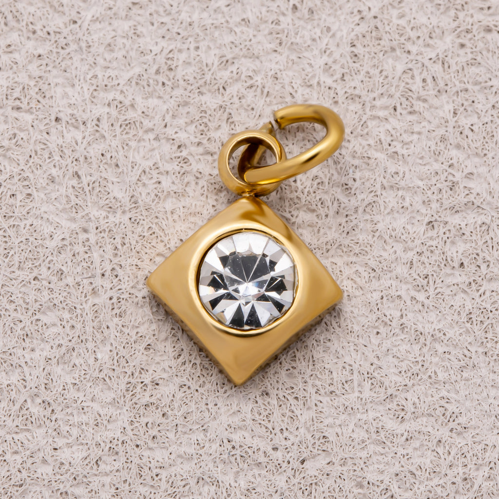 Gold PVD Stainless Steel Round CZ Tiny Bezel Cut Rhombus Charm
