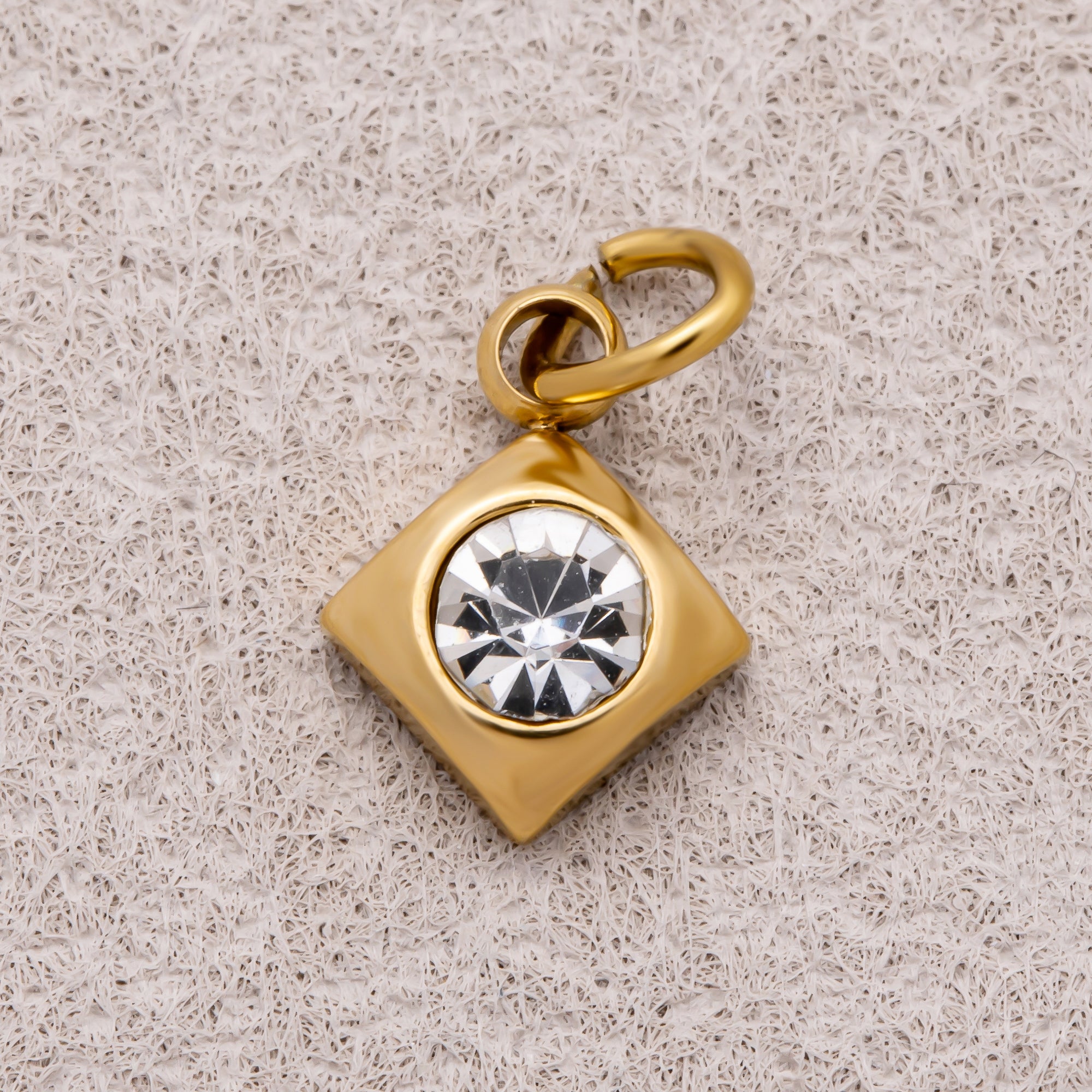 Gold PVD Stainless Steel Round CZ Tiny Bezel Cut Rhombus Charm