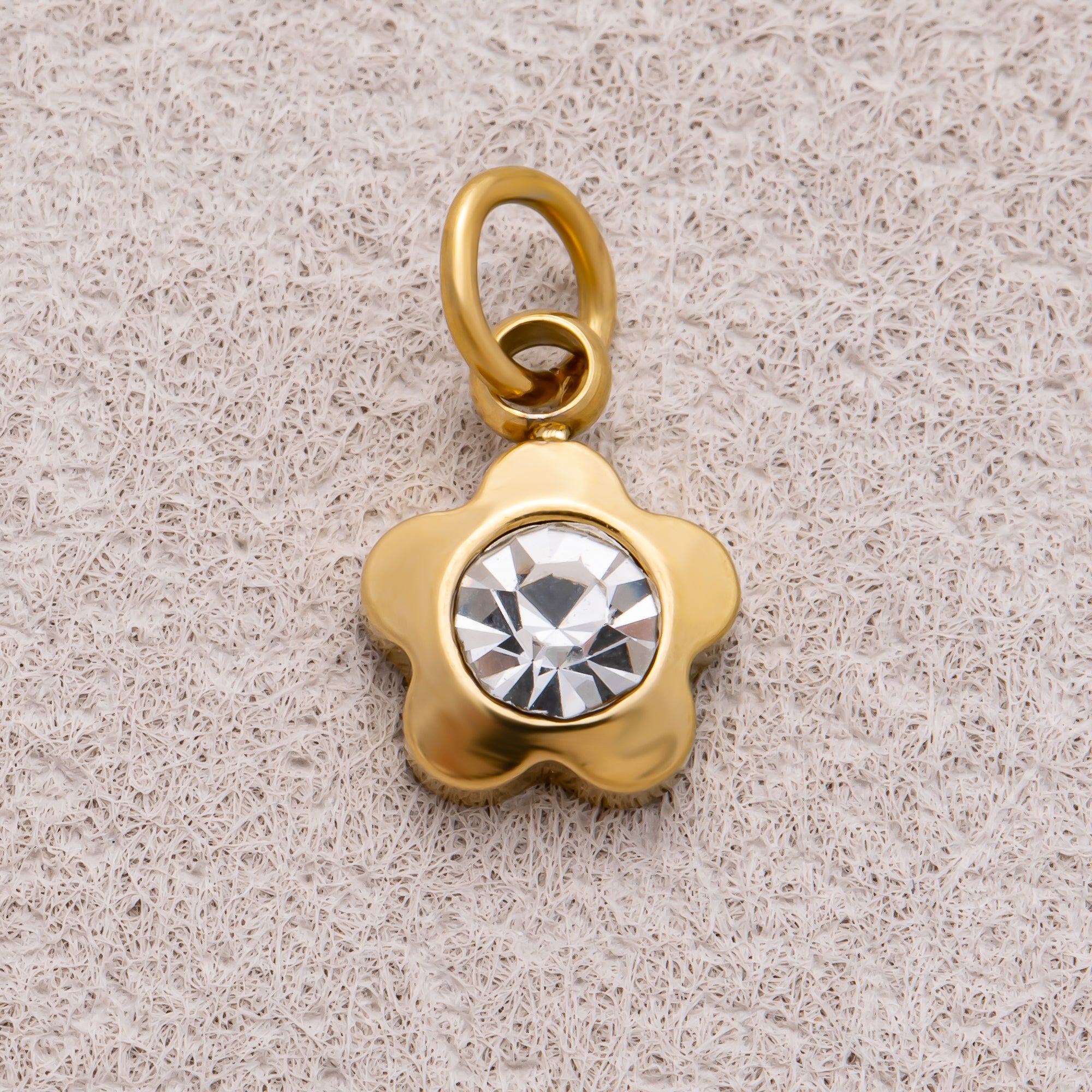 Gold PVD Stainless Steel Round CZ Tiny Bezel Cut Flower Shaped Charm