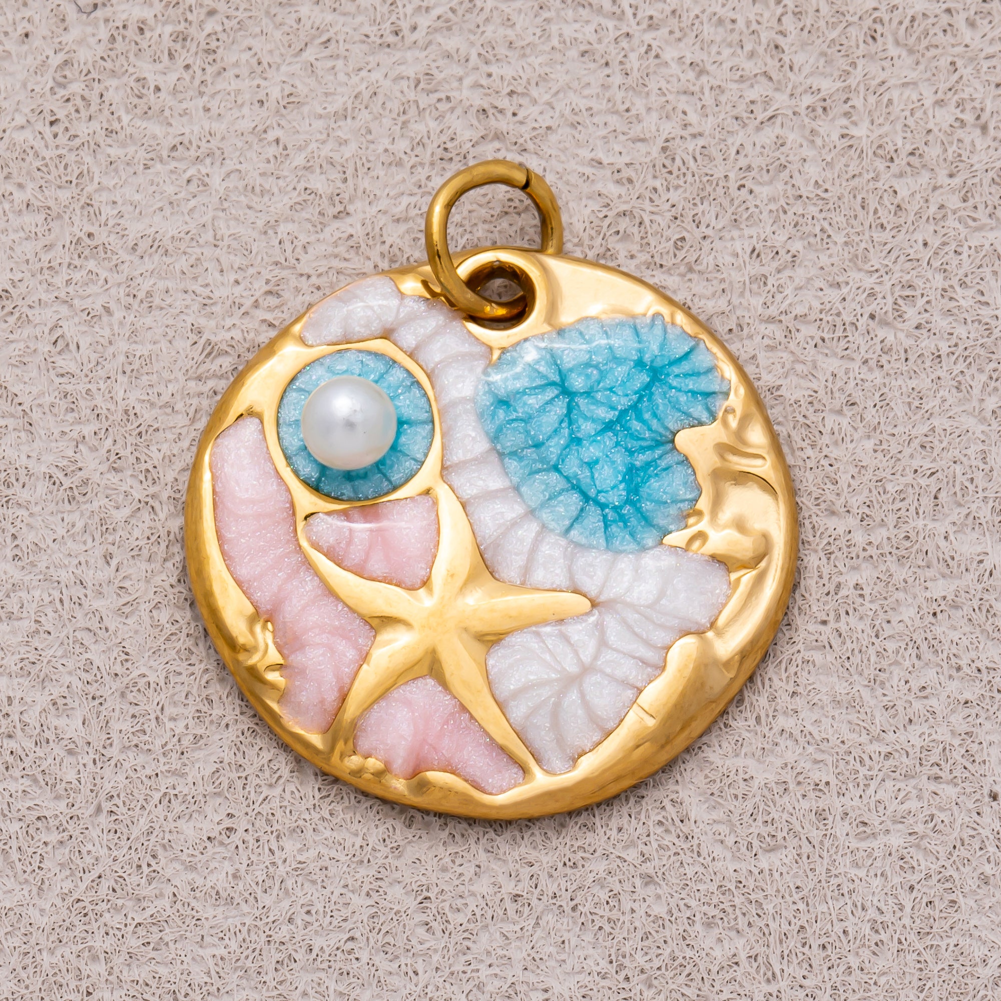 Gold PVD Stainless Steel Shell Pearl Colorful Ocean Starfish Beach Set Pendant